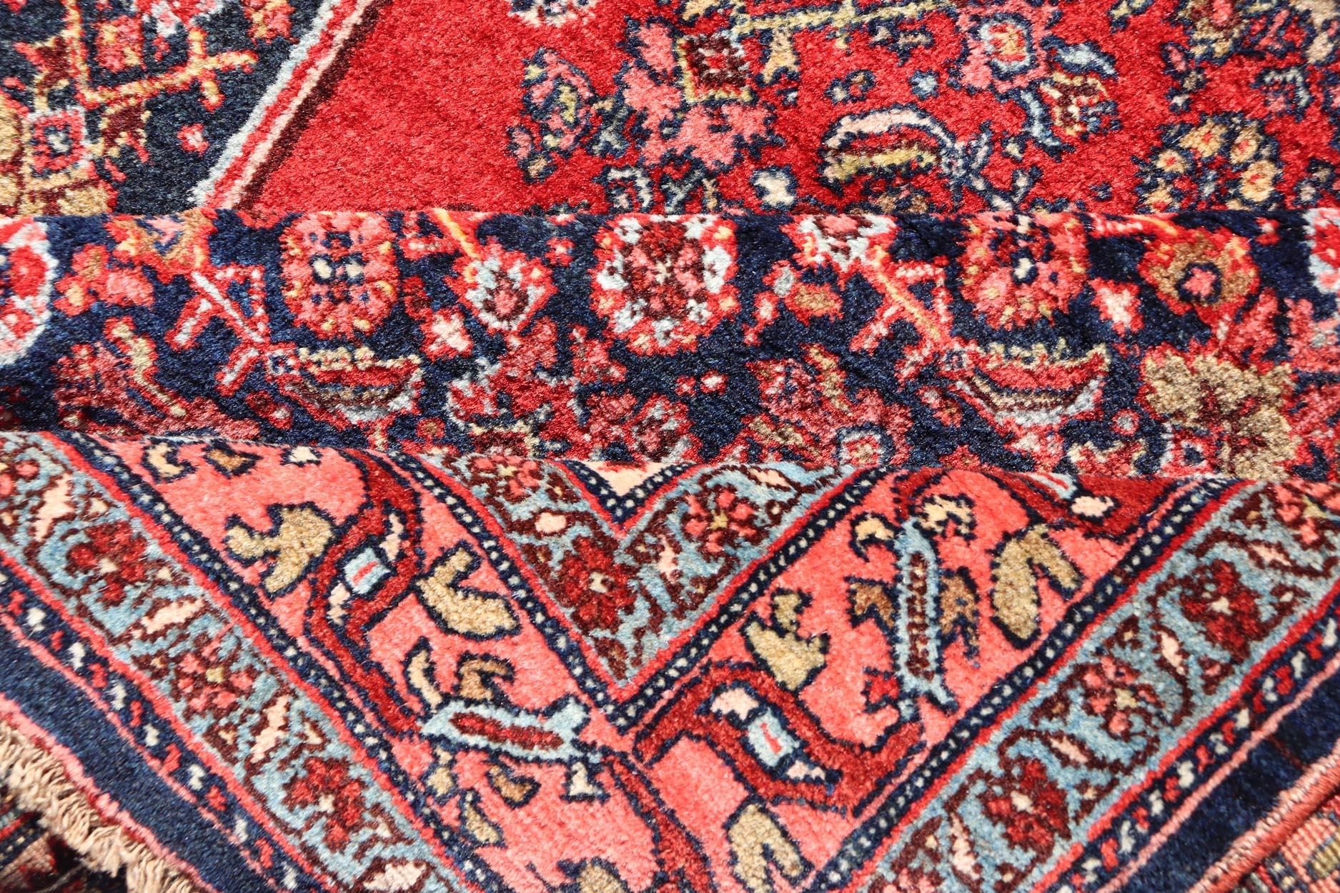 Antique Persian Bidjar Medallion Designed Carpet with Blue's, Red, and Pink  For Sale 2