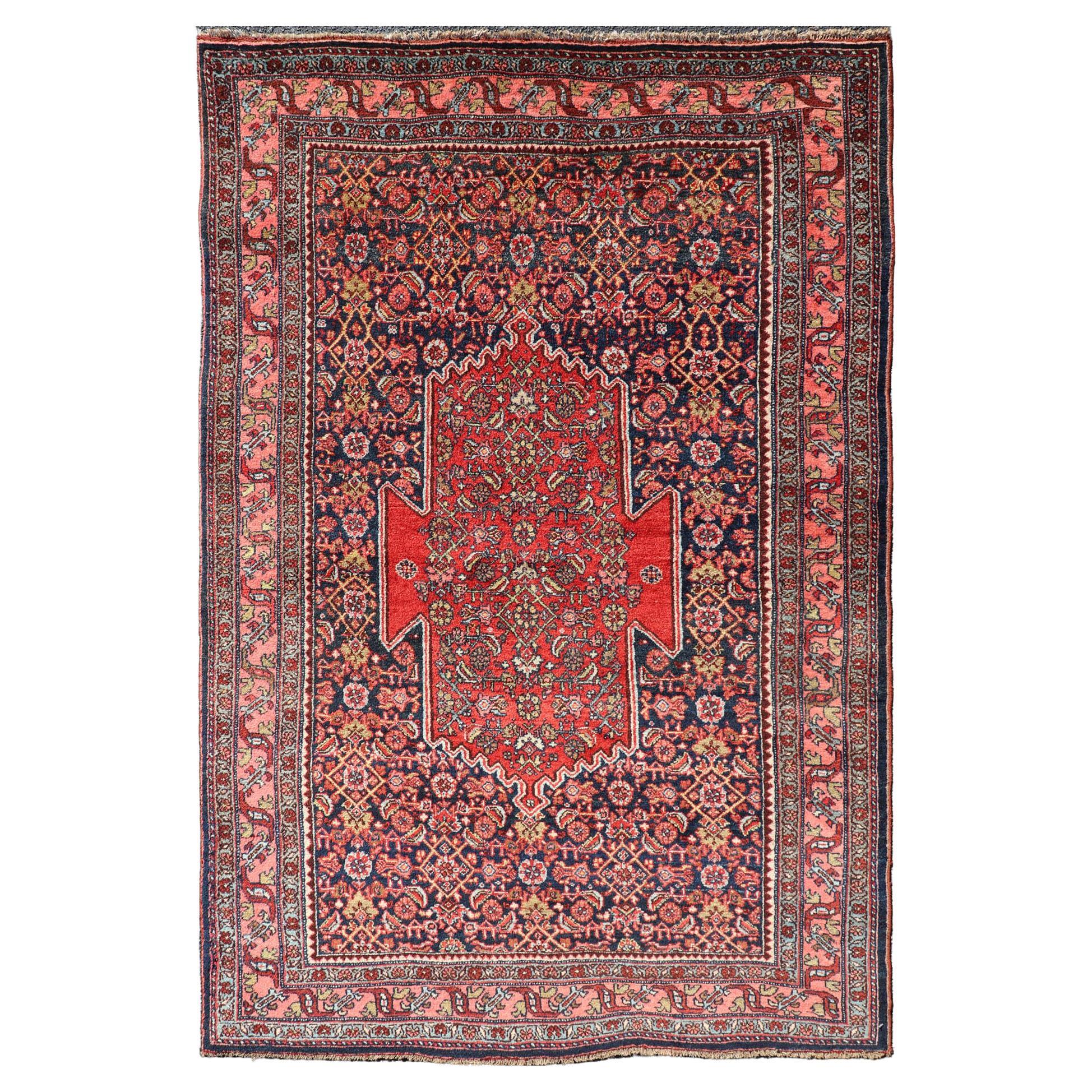 Antique Persian Bidjar Medallion Designed Carpet with Blue's, Red, and Pink  For Sale
