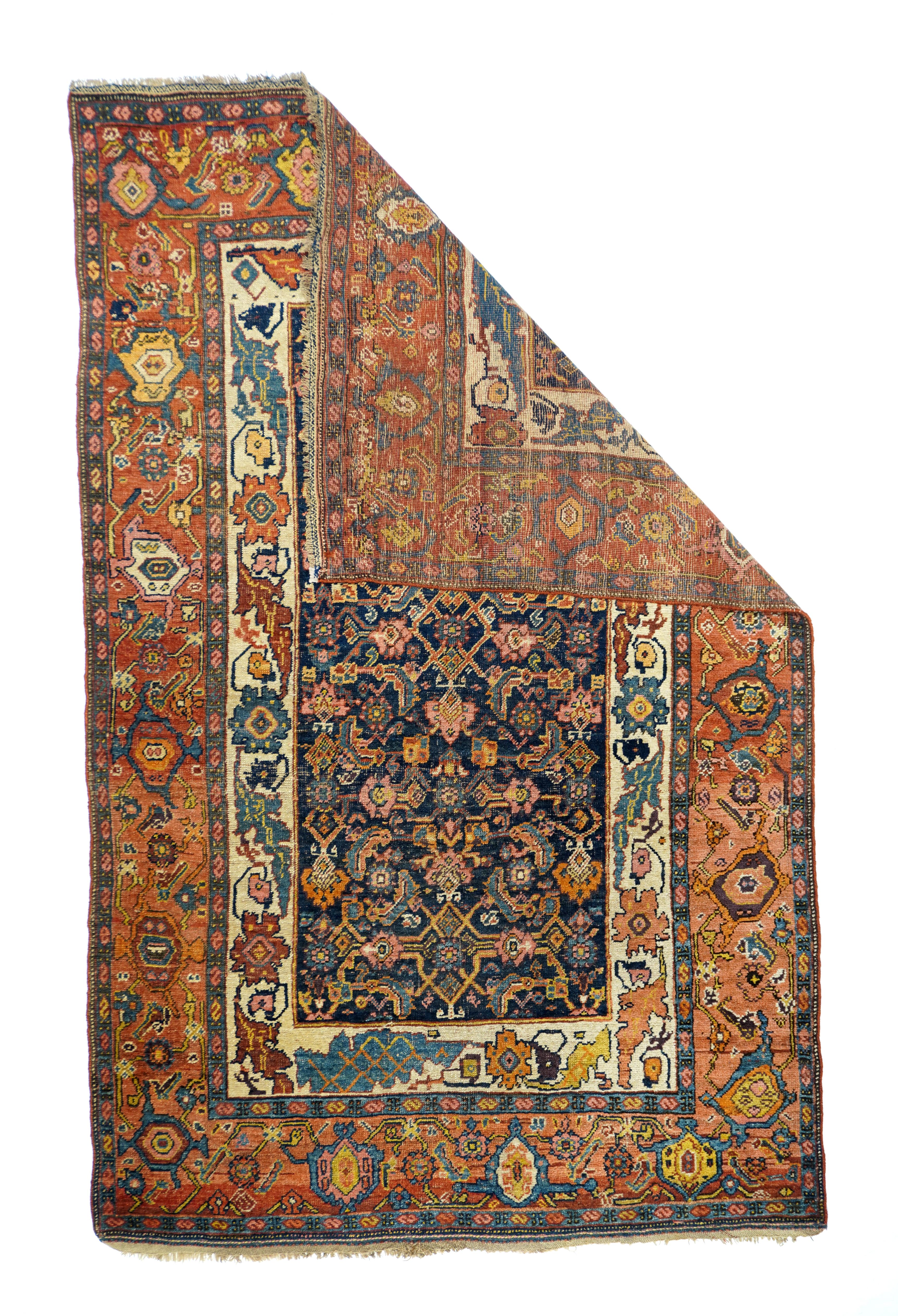 Antique Bidjar Rug 4'7'' x 7'3''. Wool foundations, as here, characterize the extremely robust weaving of the Kurds in and around Bidjar town, and the most popular design/colour combination is the Herati on navy blue. The inner ivory border shows
