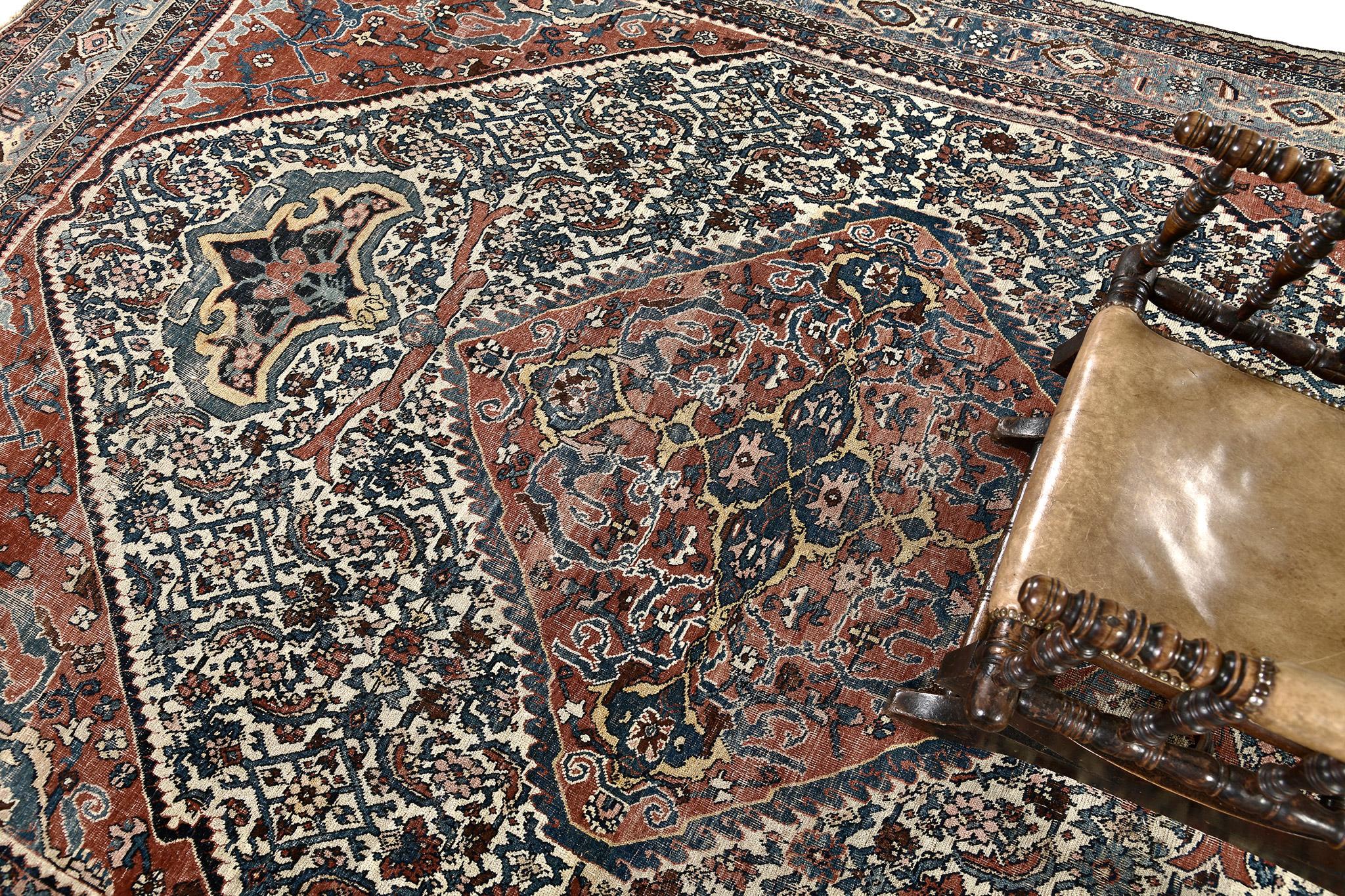 This Persian Bidjar rug adds an edge to your interior. An ageless creation that a floral design is incorporate with four-sided figure. Series of emblem and medallions are also into its core. The medallion borders are well-defined and bring an accent