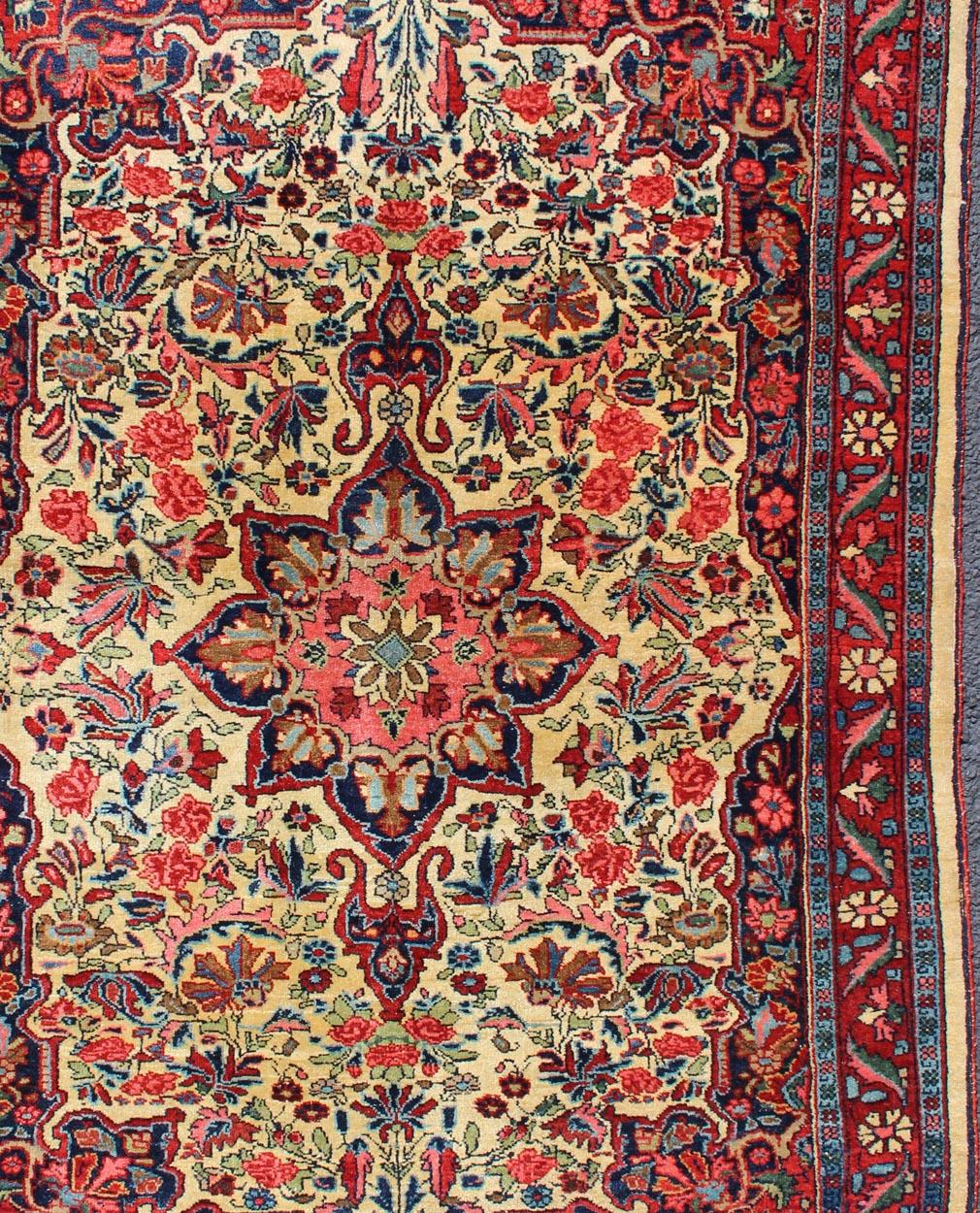 Hand-Knotted Antique Persian Medallion Bidjar Colorful Rug In Ivory, Navy Blue and Red For Sale