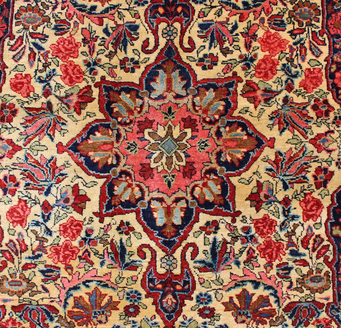 Antique Persian Medallion Bidjar Colorful Rug In Ivory, Navy Blue and Red For Sale 1