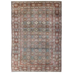 Antique Persian Bidjar Rug in Blue and Red with Ornate All-Over Geometric Design