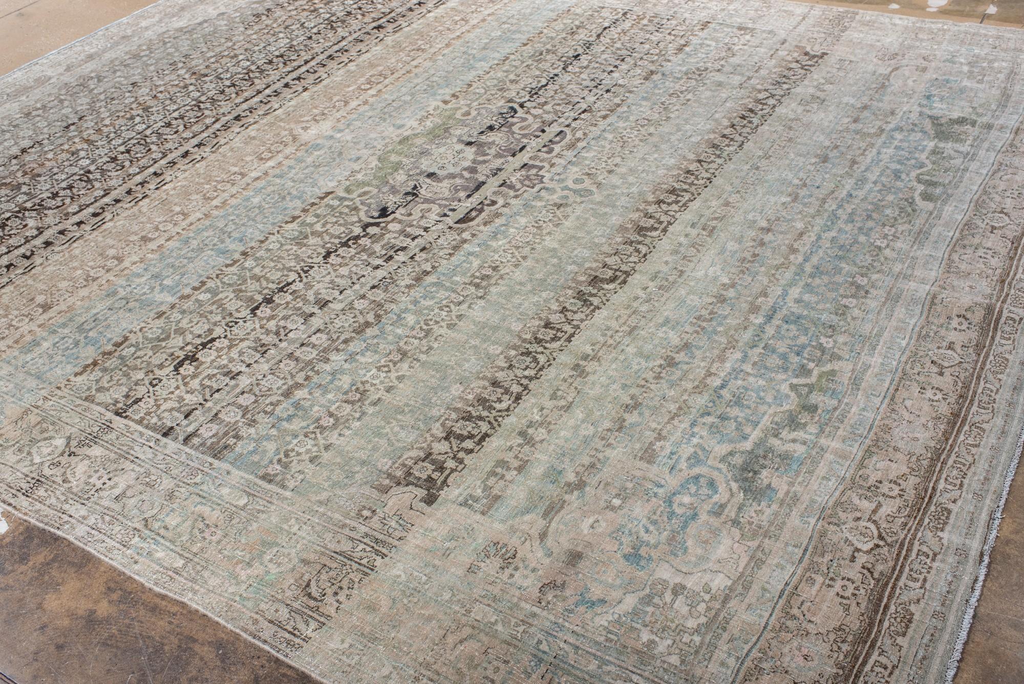 Wool Antique Persian Bidjar Rug in Faded Earth and Sky Tones For Sale