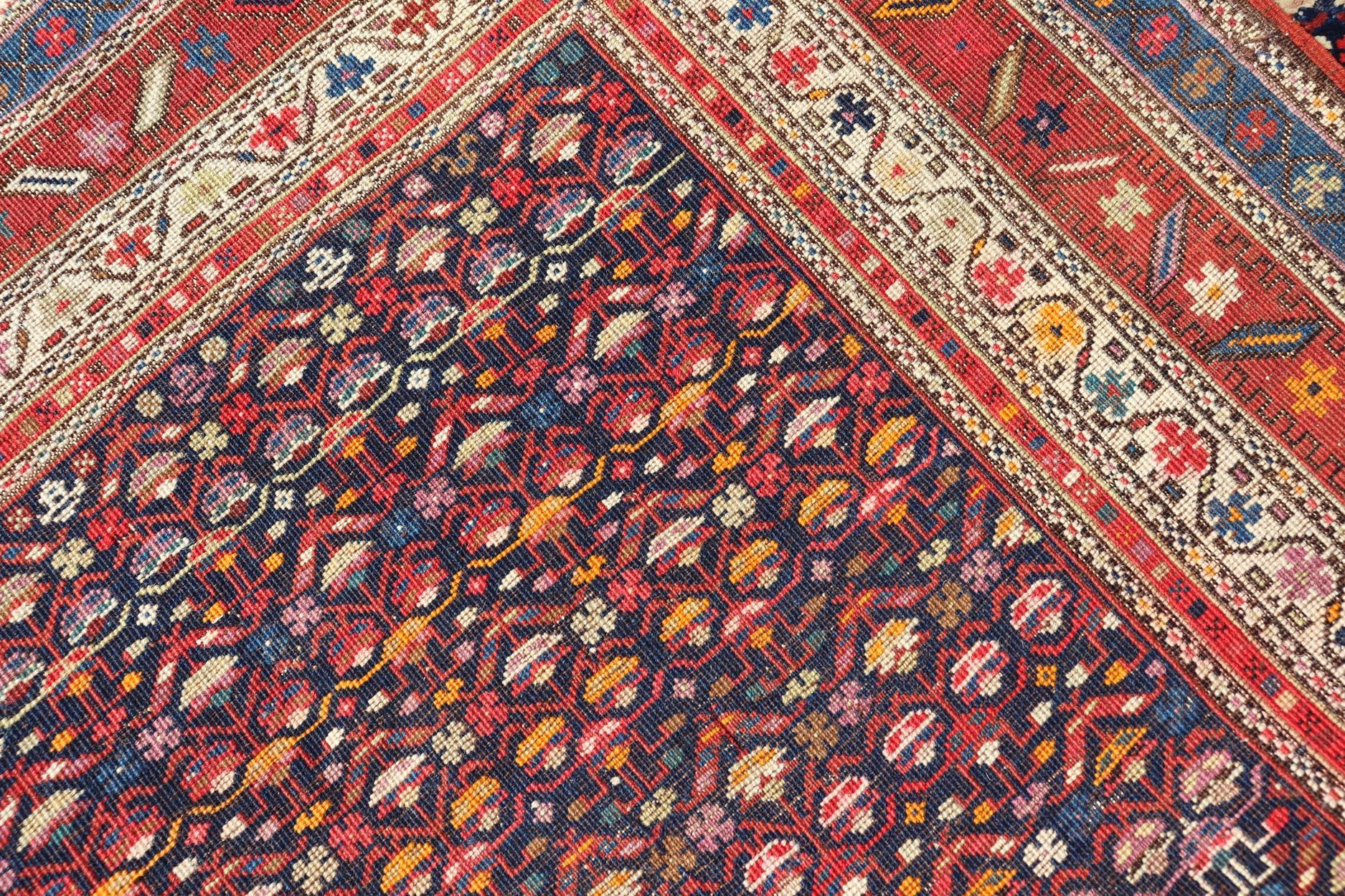 Antiker persischer Bidjar-Teppich, Marineblau und Rot, geometrisches Design, 3'7
