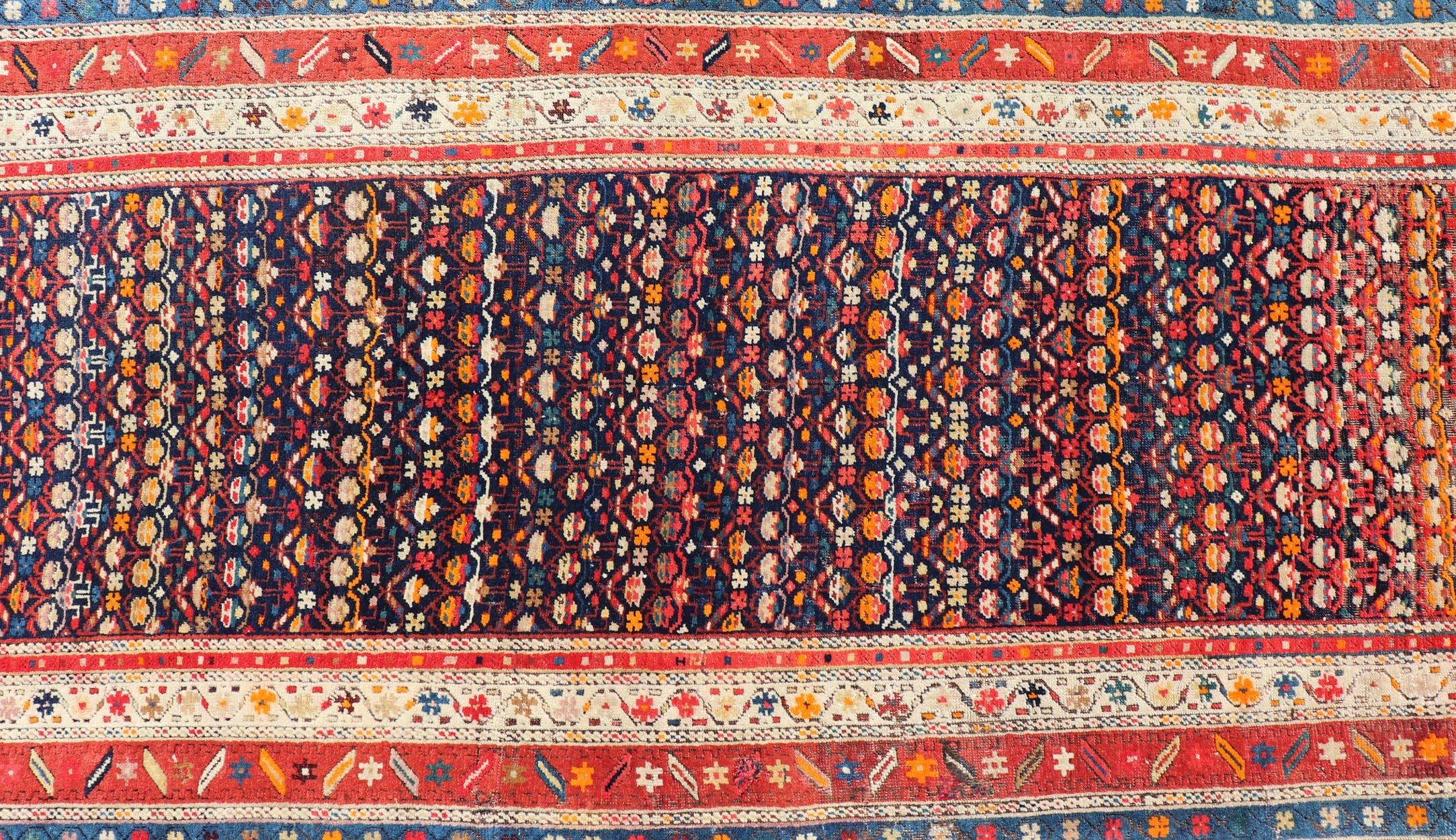 Antiker persischer Bidjar-Teppich, Marineblau und Rot, geometrisches Design, 3'7
