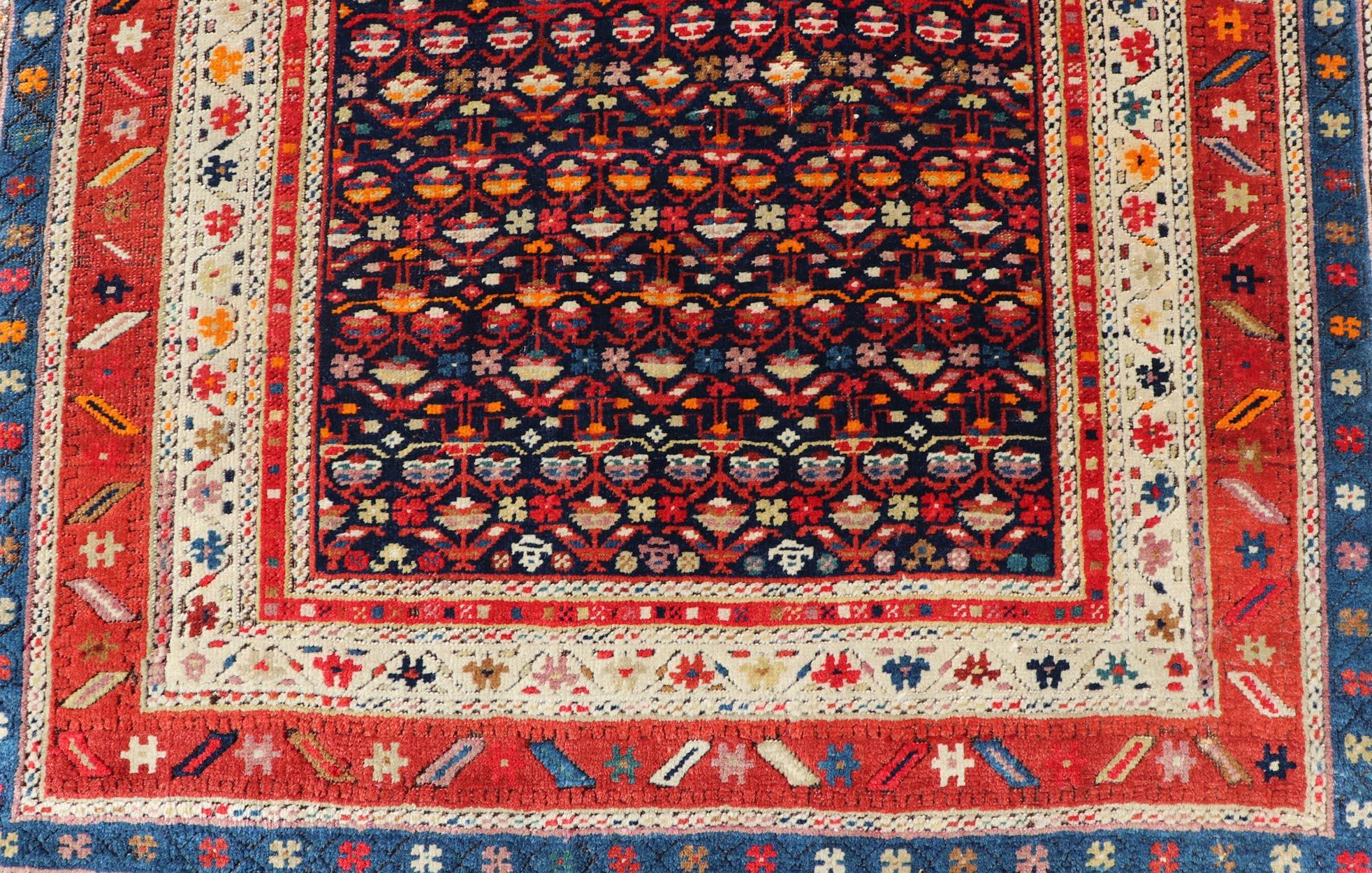 Antiker persischer Bidjar-Teppich, Marineblau und Rot, geometrisches Design, 3'7