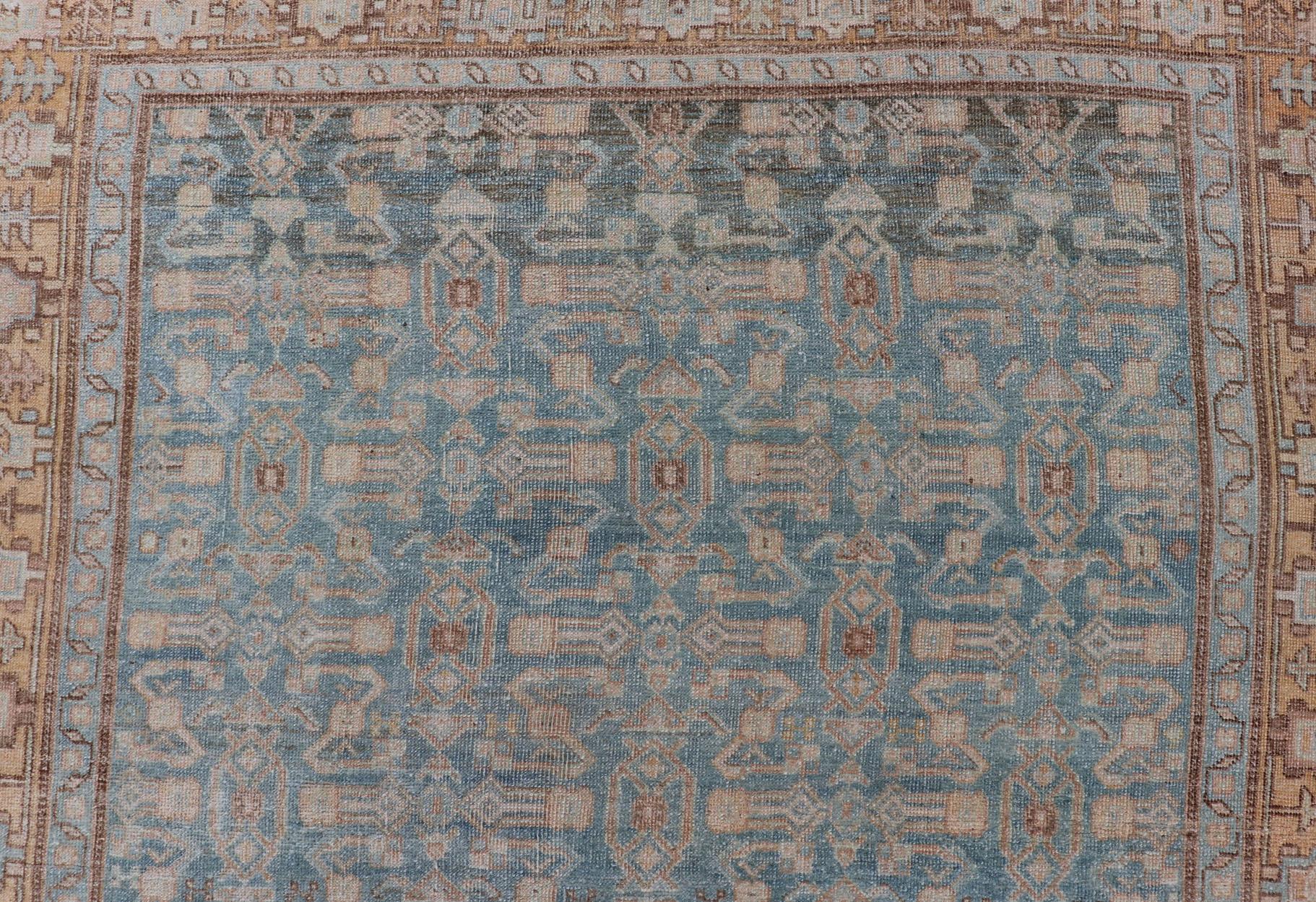 Antique Persian Bidjar Rug with All-Over Design in Light Blue and Orange For Sale 3