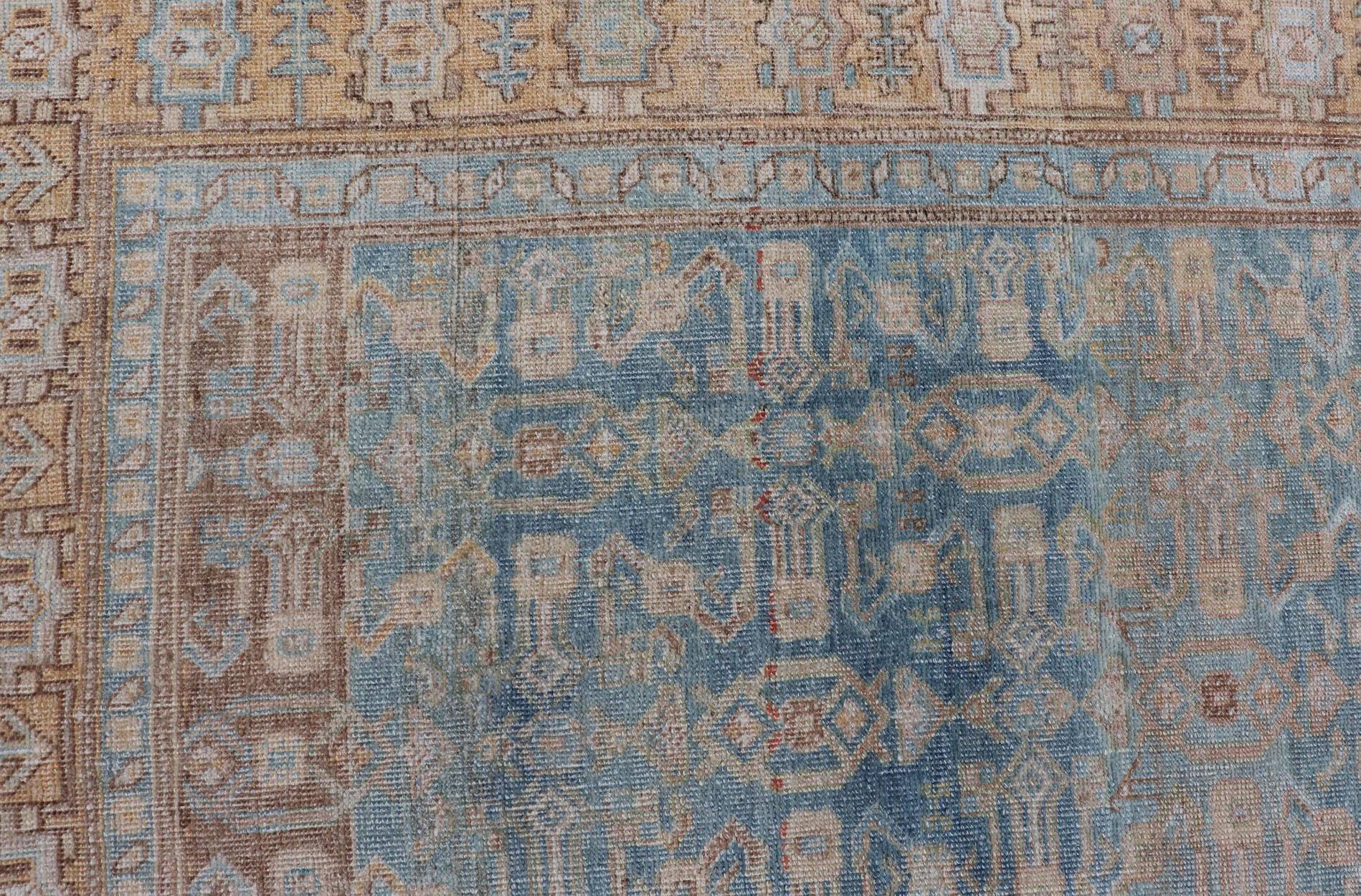 Antique Persian Bidjar Rug with All-Over Design in Light Blue and Orange For Sale 4