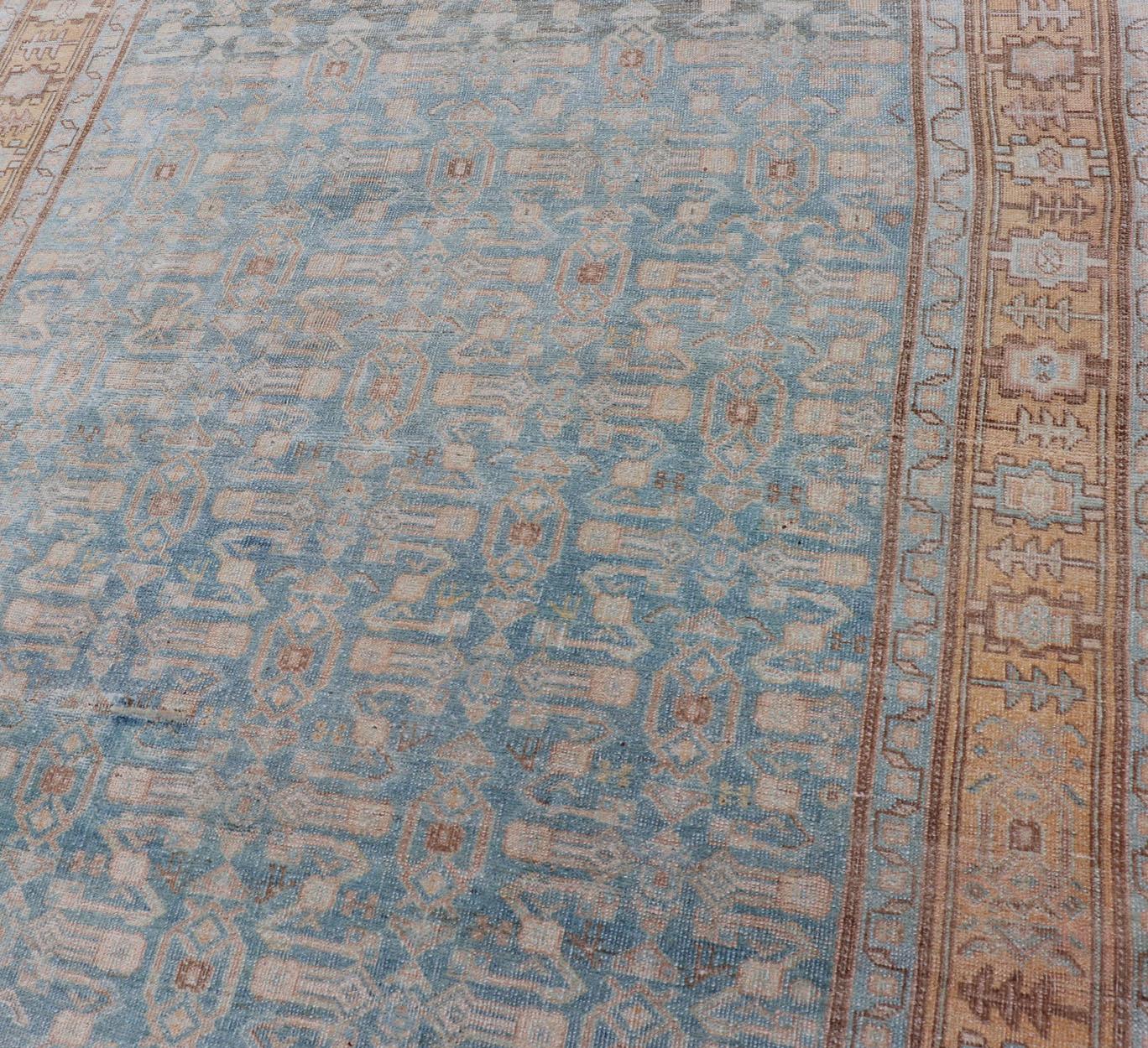Antique Persian Bidjar Rug with All-Over Design in Light Blue and Orange For Sale 5