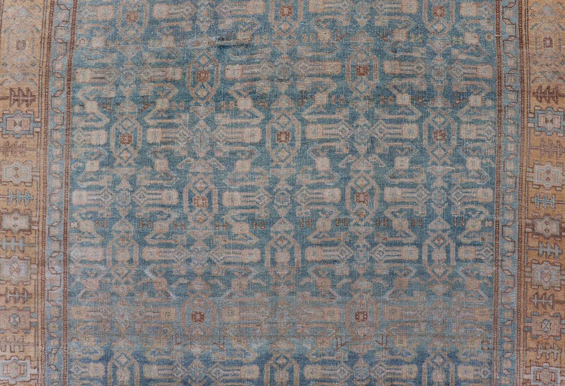 Tribal Antique Persian Bidjar Rug with All-Over Design in Light Blue and Orange For Sale