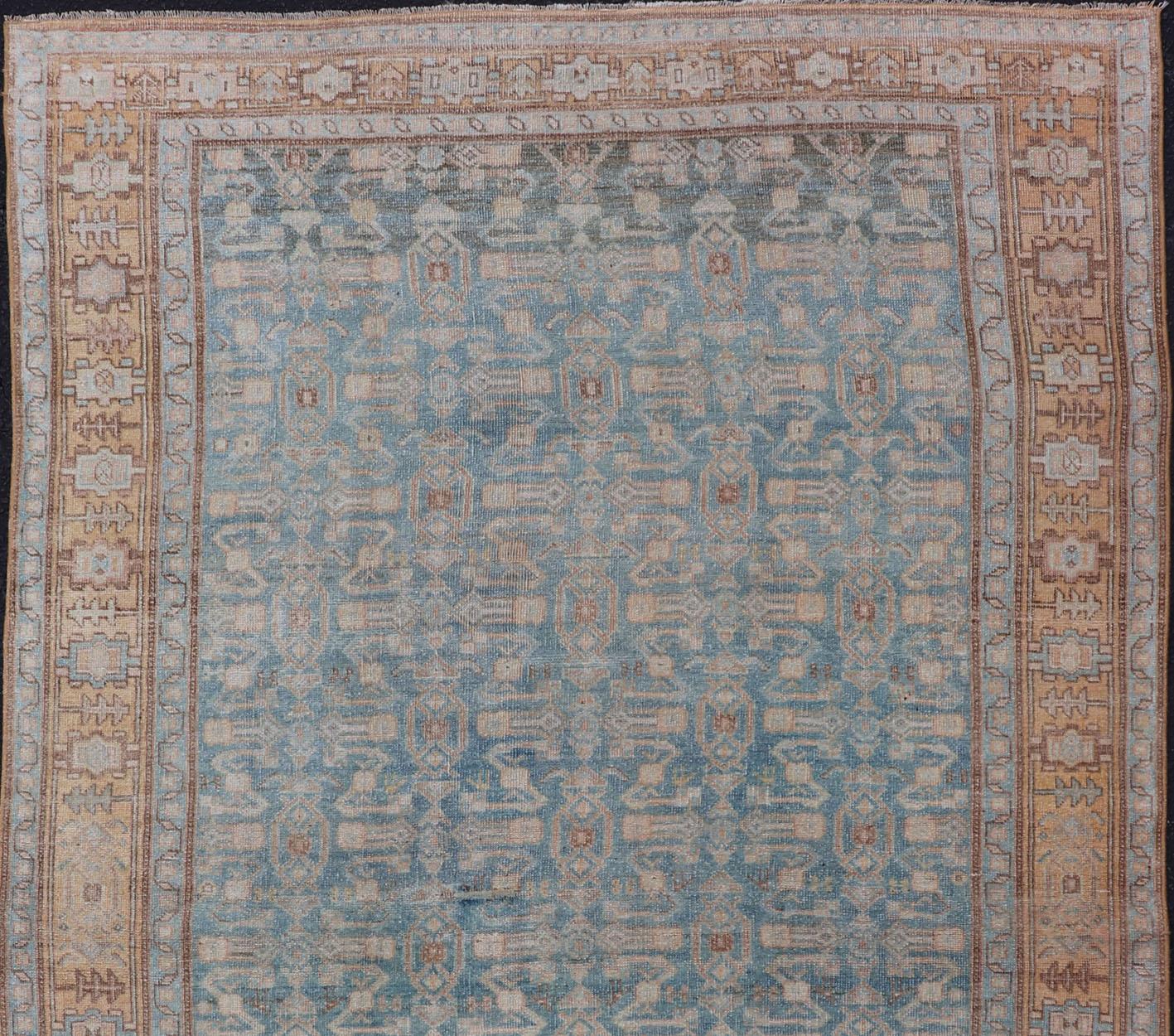 Hand-Knotted Antique Persian Bidjar Rug with All-Over Design in Light Blue and Orange For Sale