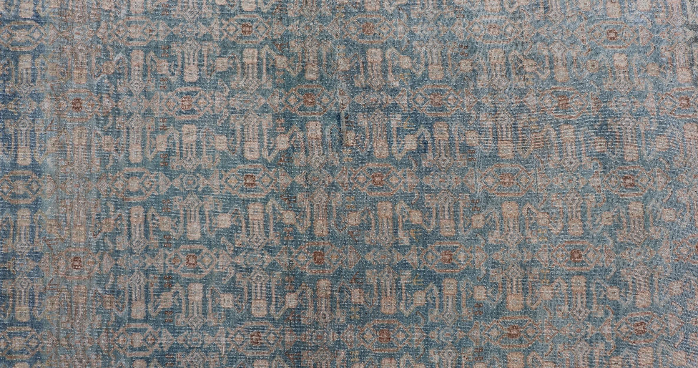20th Century Antique Persian Bidjar Rug with All-Over Design in Light Blue and Orange For Sale