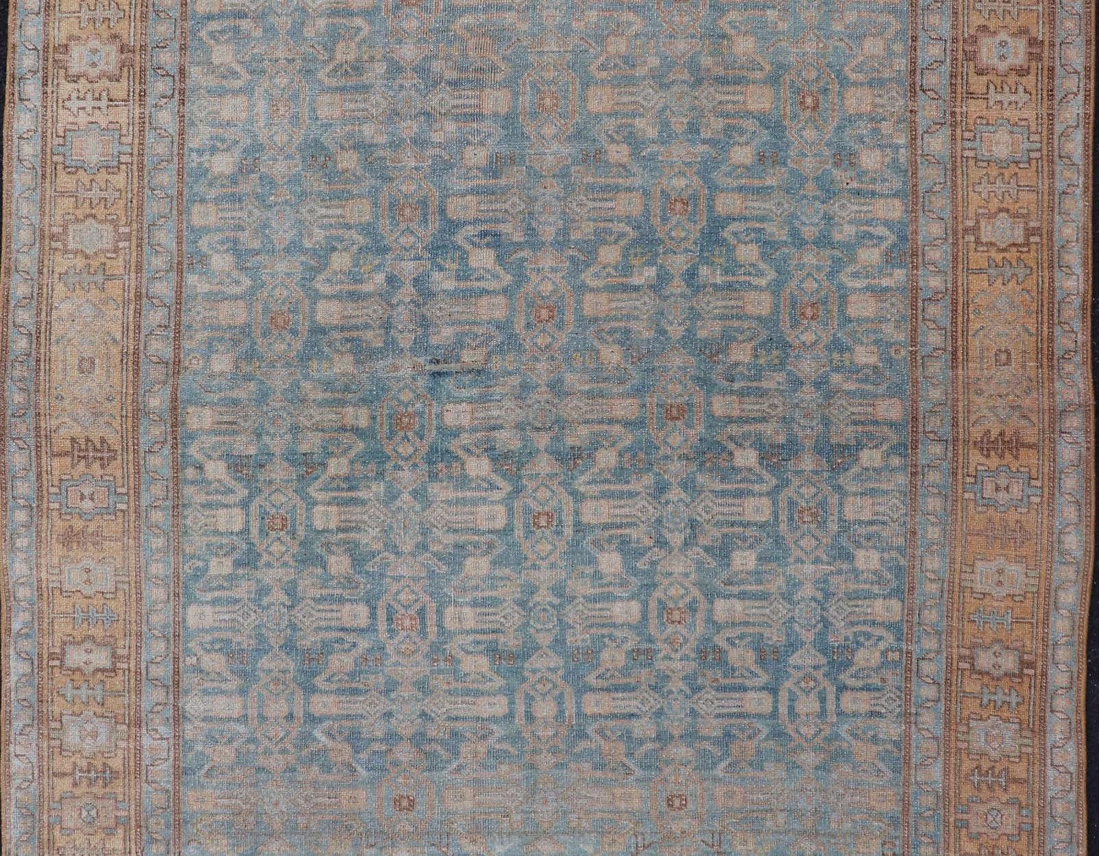 Wool Antique Persian Bidjar Rug with All-Over Design in Light Blue and Orange For Sale