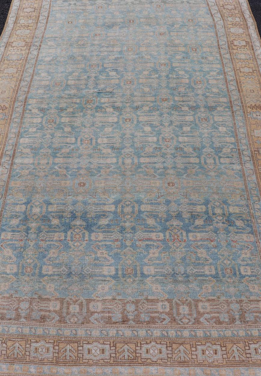 Antique Persian Bidjar Rug with All-Over Design in Light Blue and Orange For Sale 1