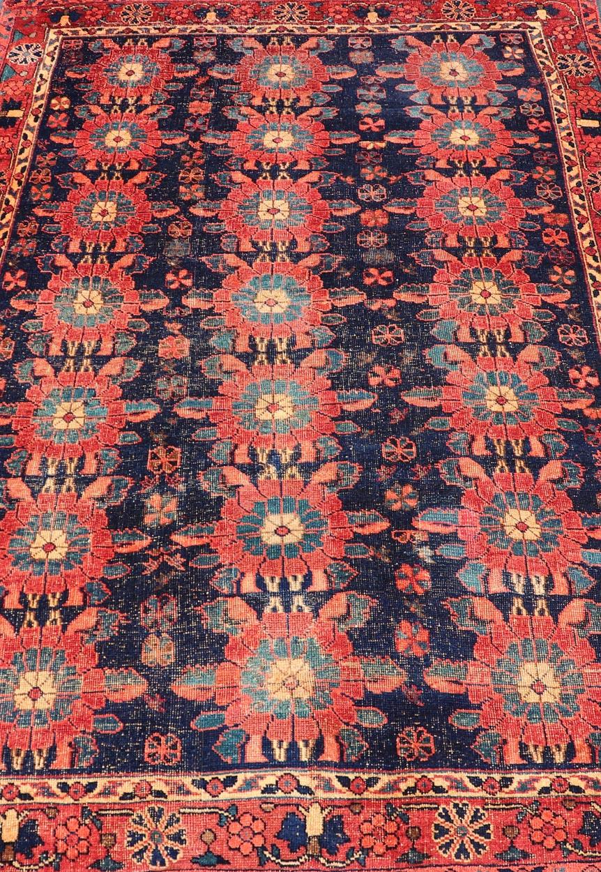 Antique Persian Bidjar Rug with All-Over Floral Motifs in Red and Blue For Sale 3