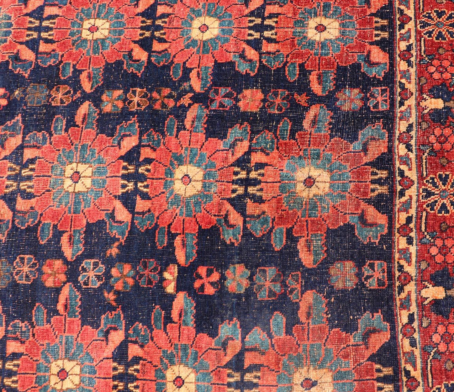 Hand-Knotted Antique Persian Bidjar Rug with All-Over Floral Motifs in Red and Blue For Sale