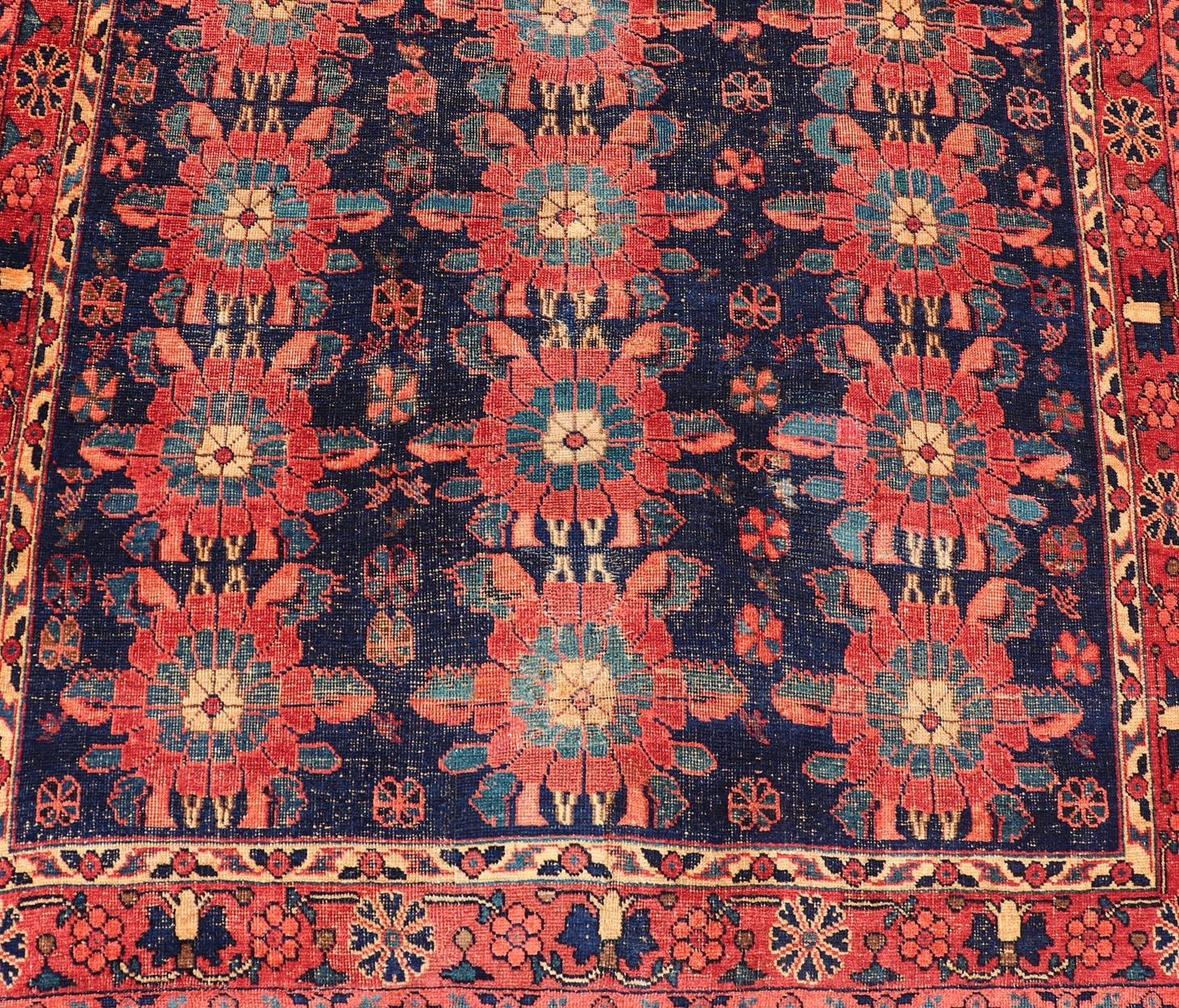 Antique Persian Bidjar Rug with All-Over Floral Motifs in Red and Blue In Good Condition For Sale In Atlanta, GA