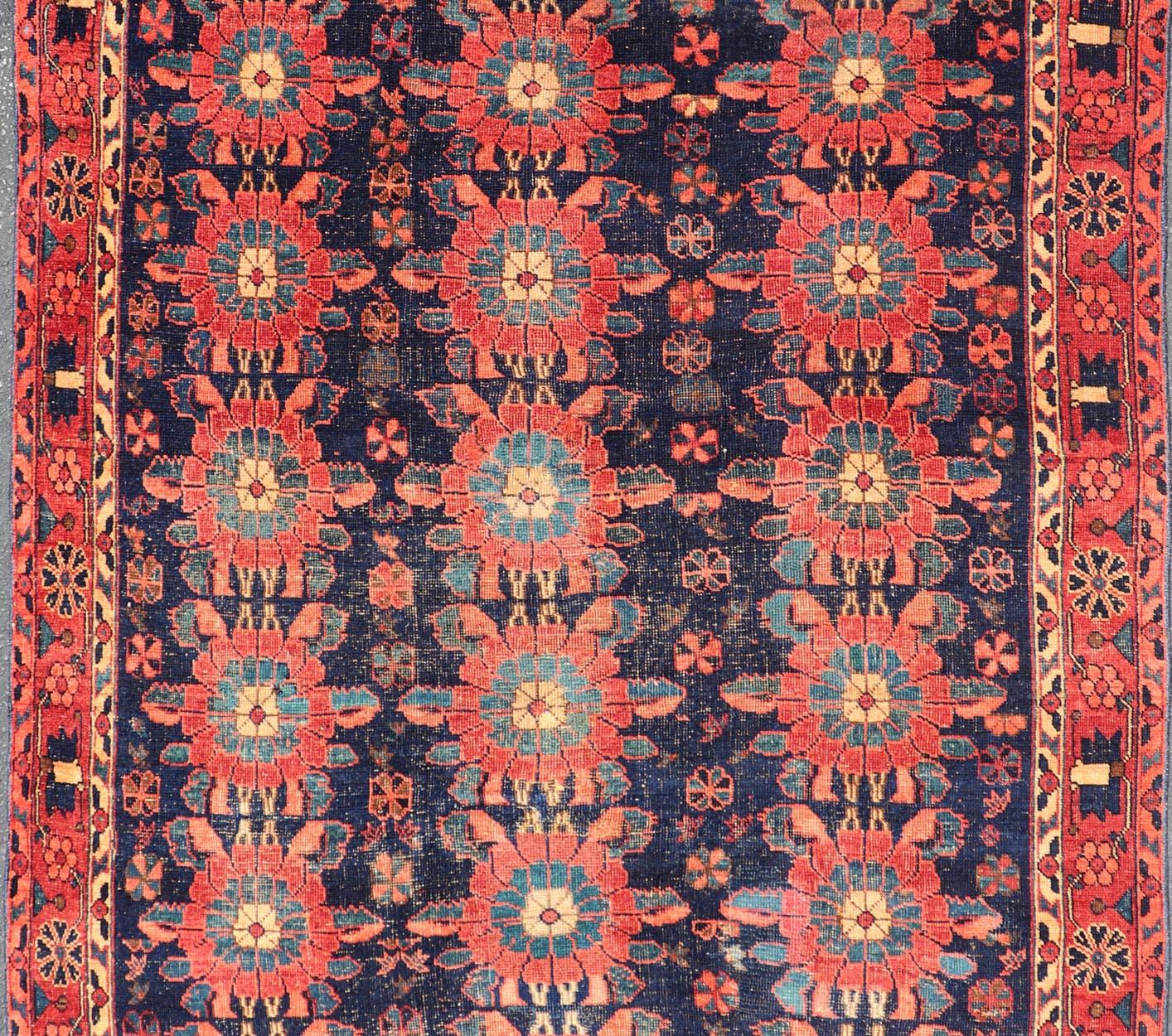 Antique Persian Bidjar Rug with All-Over Floral Motifs in Red and Blue For Sale 1