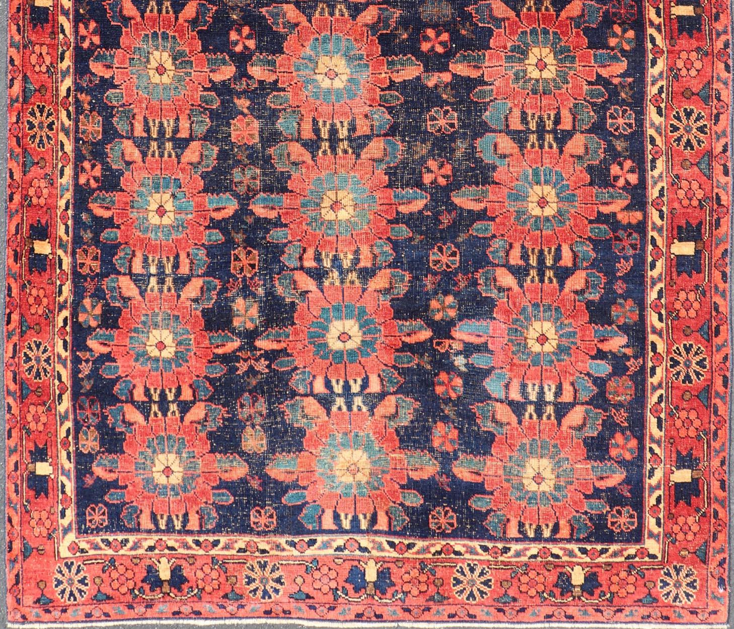 Antique Persian Bidjar Rug with All-Over Floral Motifs in Red and Blue For Sale 2