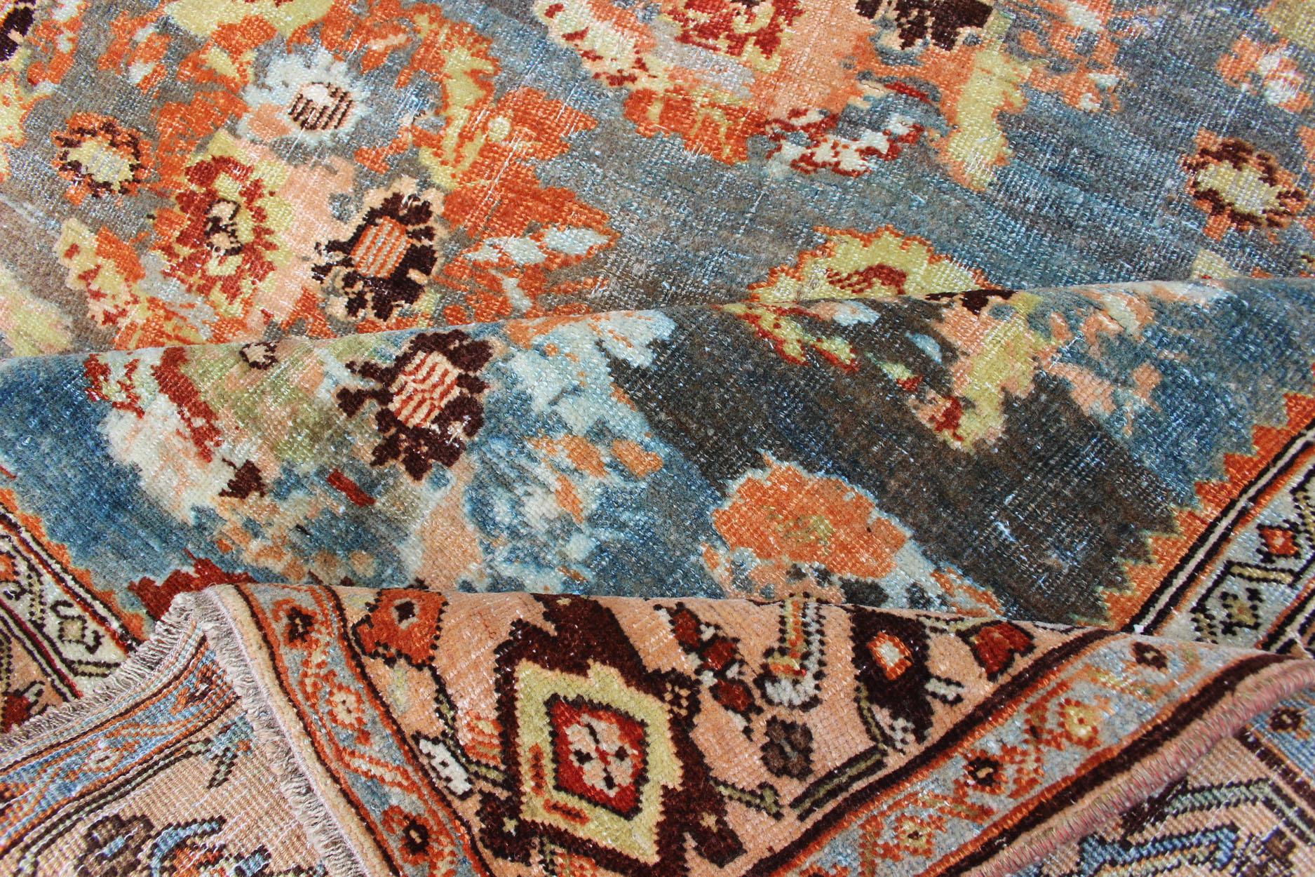 Antique Persian Bidjar Rug with Blossoming Floral Design in Blue and Red For Sale 1
