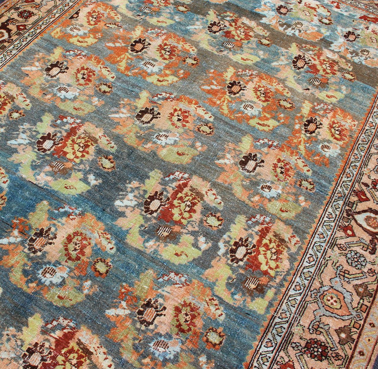 Antique Persian Bidjar Rug with Blossoming Floral Design in Blue and Red For Sale 2