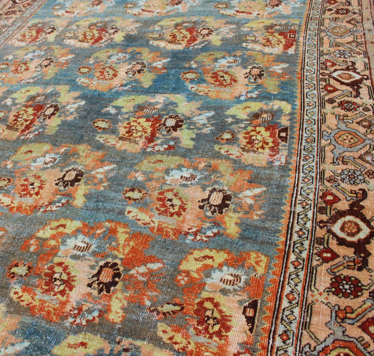 Antique Persian Bidjar Rug with Blossoming Floral Design in Blue and Red For Sale 3