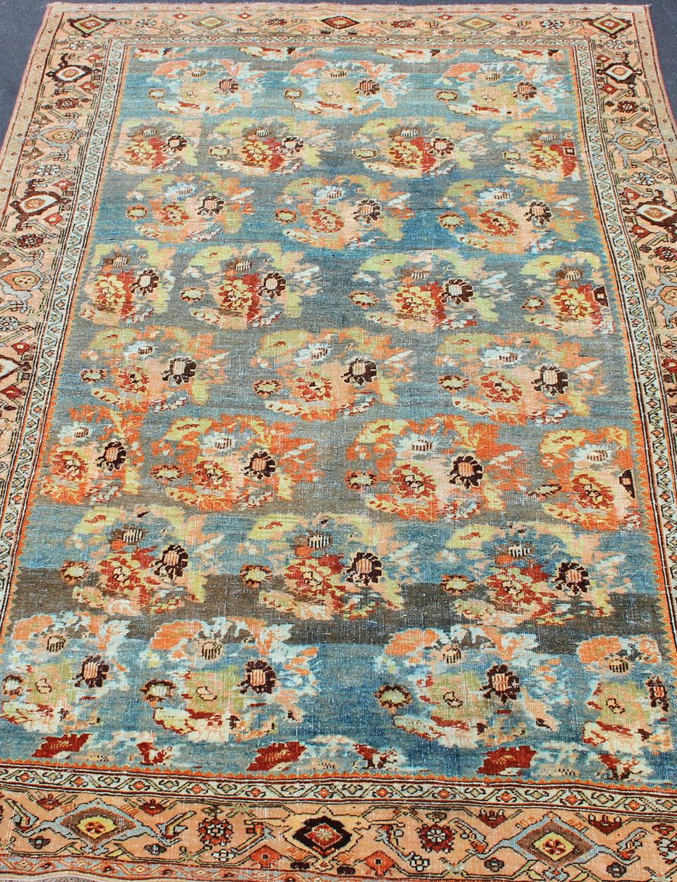 Antique Persian Bidjar Rug with Blossoming Floral Design in Blue and Red For Sale 4