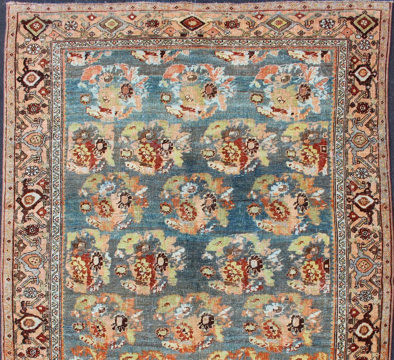 Ornate flower design Bidjar antique Persian rug in a variety of colors, rug SUS-2007-247, country of origin / type: Iran / Bidjar, circa 1910

This magnificent Bidjar with an exquisite, all-over pattern, rests beautifully on a light blue-colored