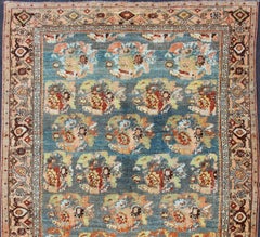 Antique Persian Bidjar Rug with Blossoming Floral Design in Blue and Red