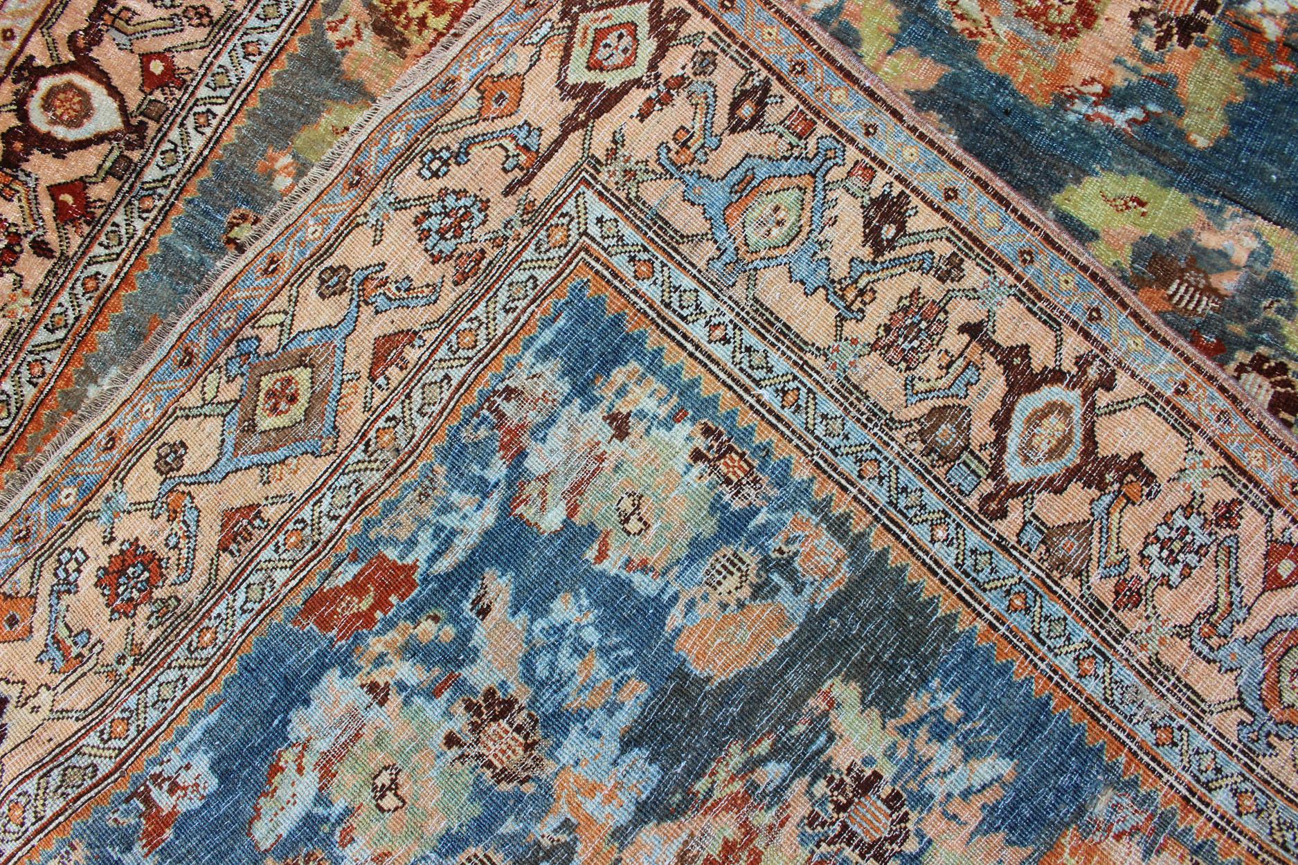 Malayer Antique Persian Bidjar Rug with Blossoming Floral Design in Blue and Red For Sale