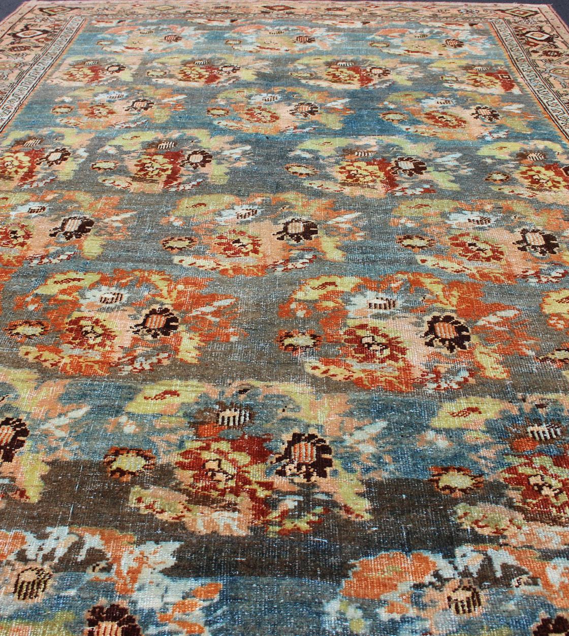 Hand-Knotted Antique Persian Bidjar Rug with Blossoming Floral Design in Blue and Red For Sale