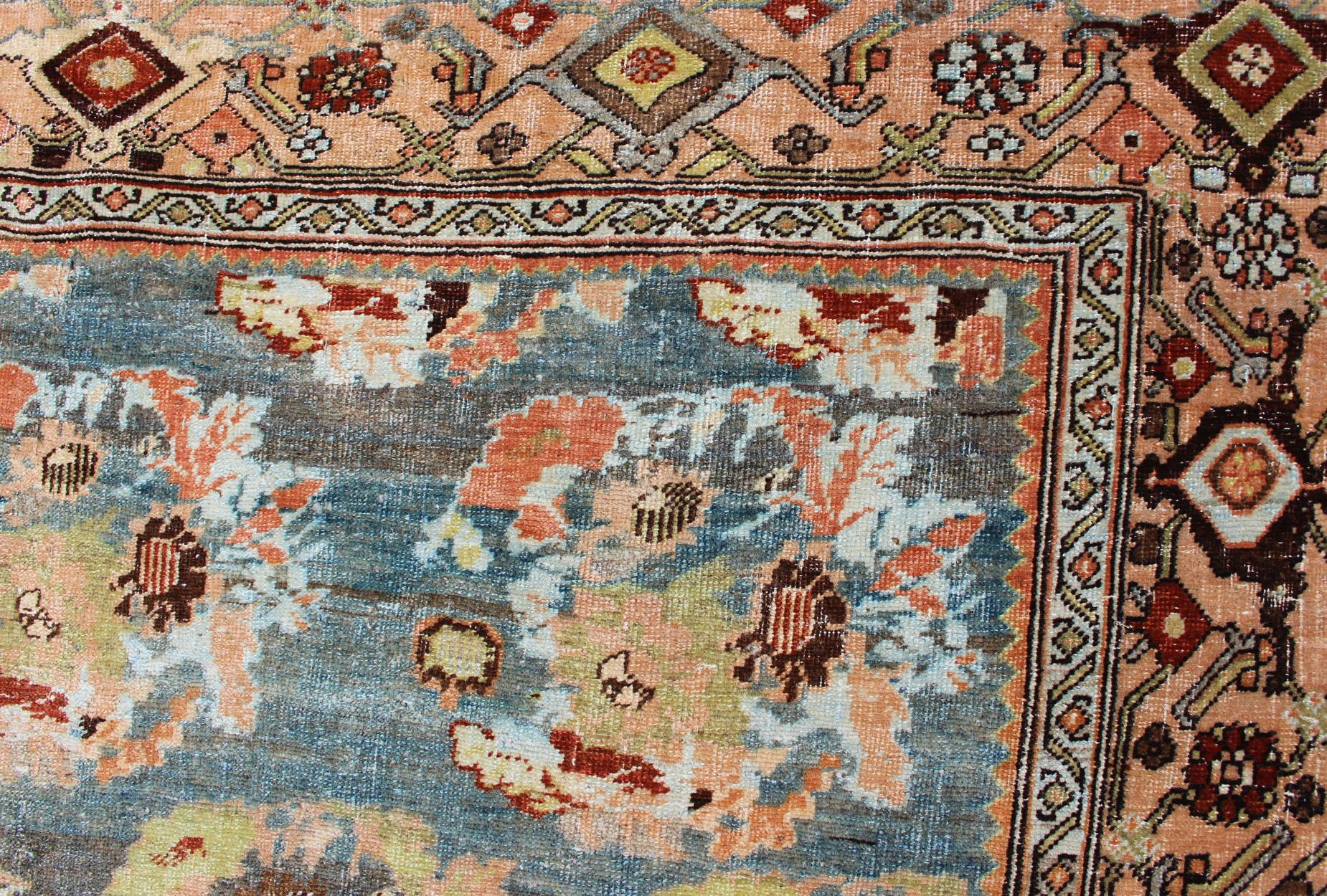 20th Century Antique Persian Bidjar Rug with Blossoming Floral Design in Blue and Red For Sale