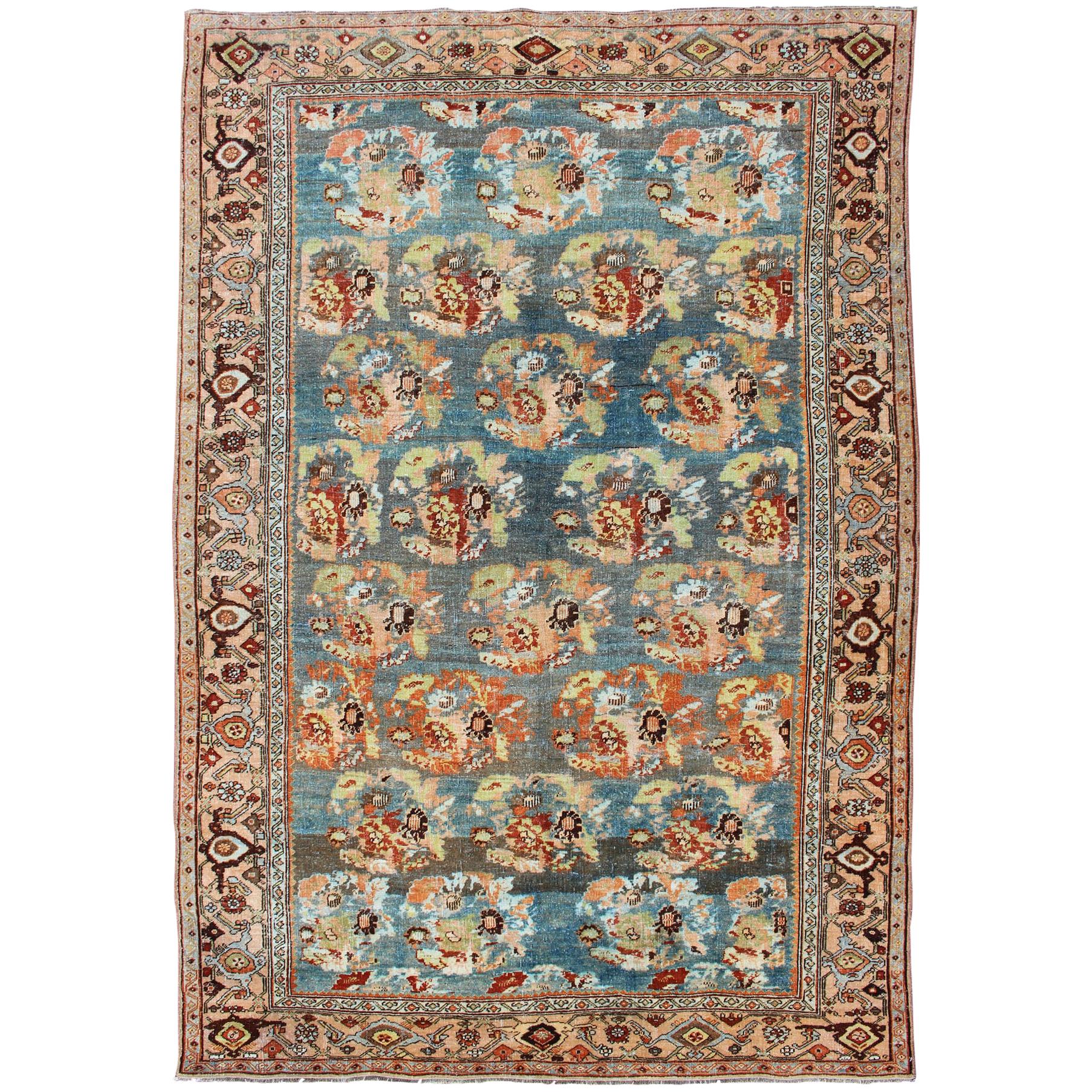 Antique Persian Bidjar Rug with Blossoming Floral Design in Blue and Red