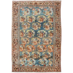 Antique Persian Bidjar Rug with Blossoming Floral Design in Blue and Red