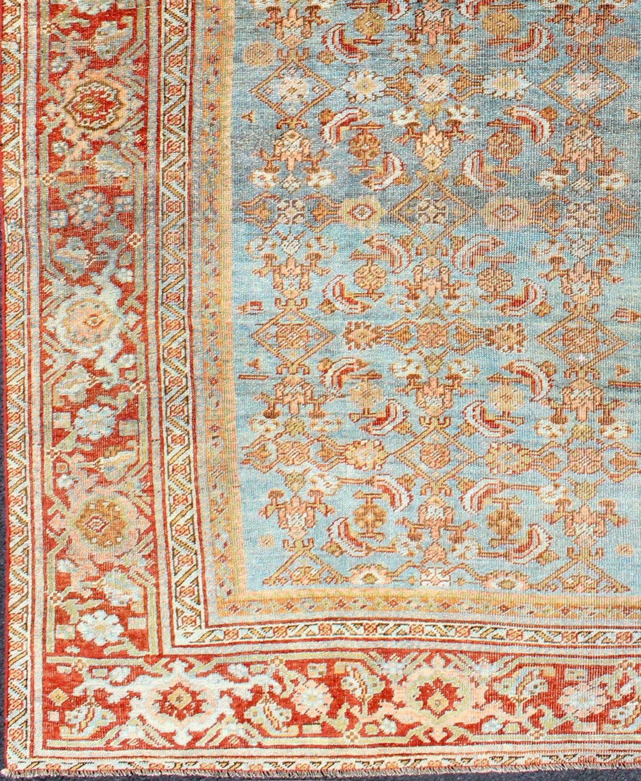 Ornate flower design Bidjar antique Persian rug in a variety of colors, rug ema-7556, country of origin / type: Iran / Bidjar, circa 1900

This magnificent Bidjar with an exquisite, all-over pattern, rests beautifully on a light blue-colored