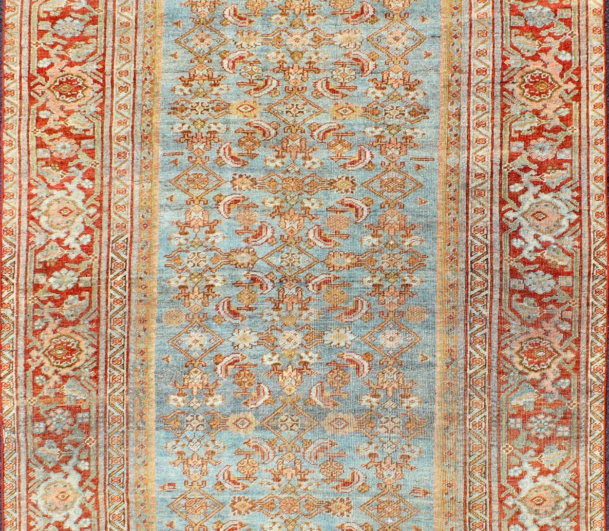 Tribal Antique Persian Bidjar Rug with Blossoming Floral Design in Light Blue and Red For Sale