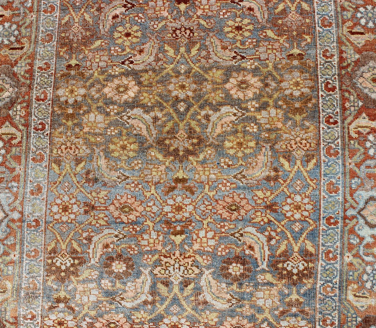 Malayer Antique Persian Bidjar Rug with Blossoming Floral Design in Light Blue and Red For Sale