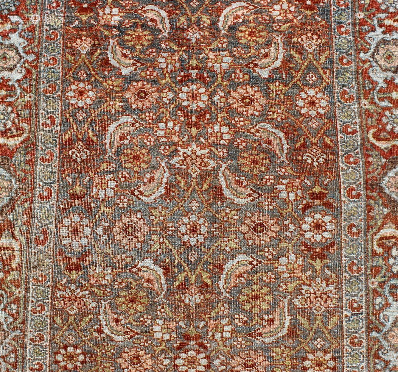 Hand-Knotted Antique Persian Bidjar Rug with Blossoming Floral Design in Light Blue and Red For Sale