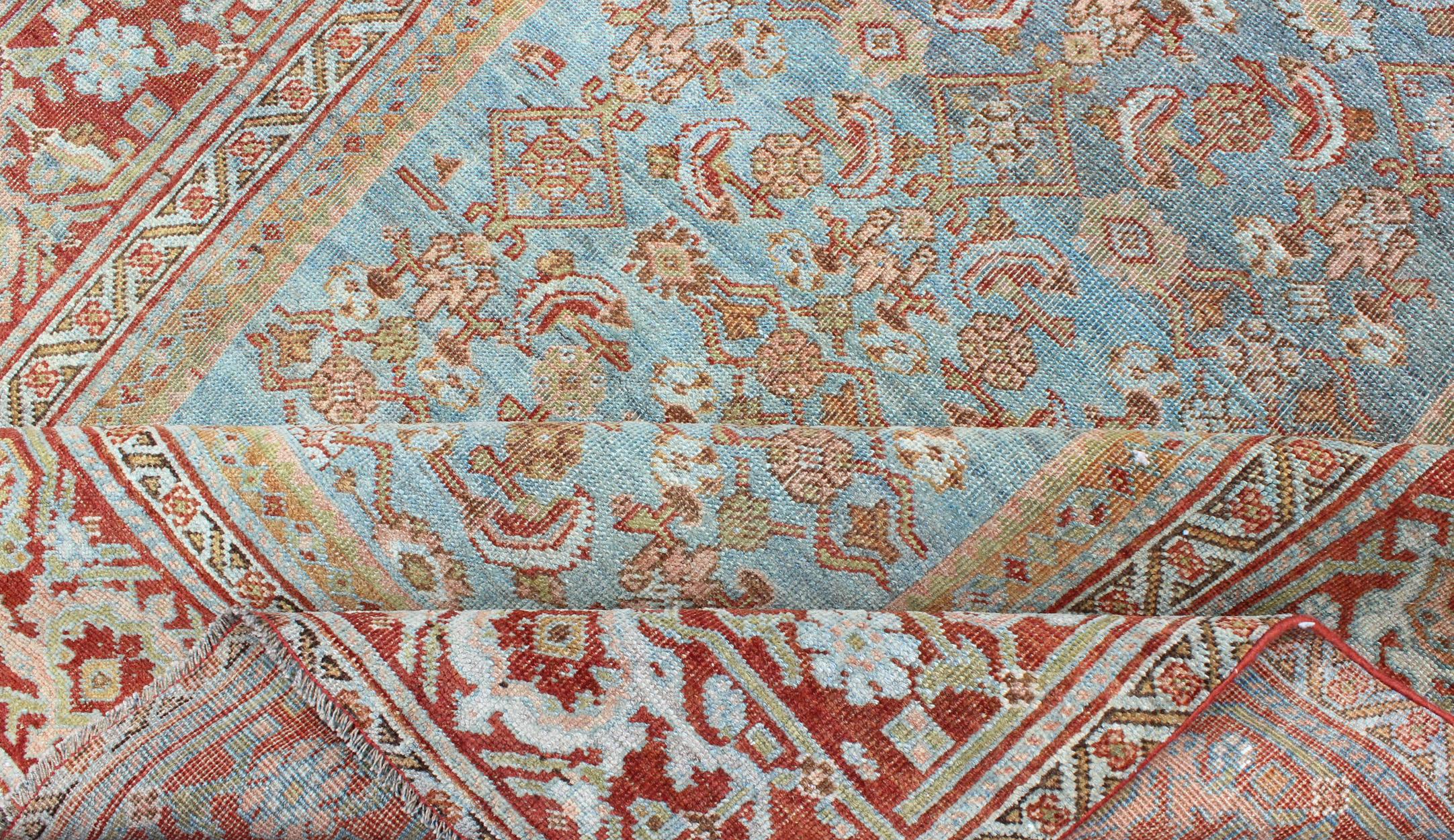 Antique Persian Bidjar Rug with Blossoming Floral Design in Light Blue and Red In Good Condition For Sale In Atlanta, GA
