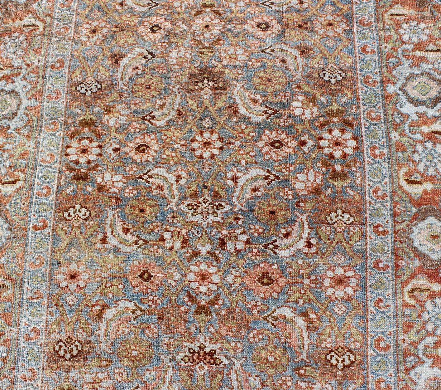 Antique Persian Bidjar Rug with Blossoming Floral Design in Light Blue and Red In Good Condition For Sale In Atlanta, GA
