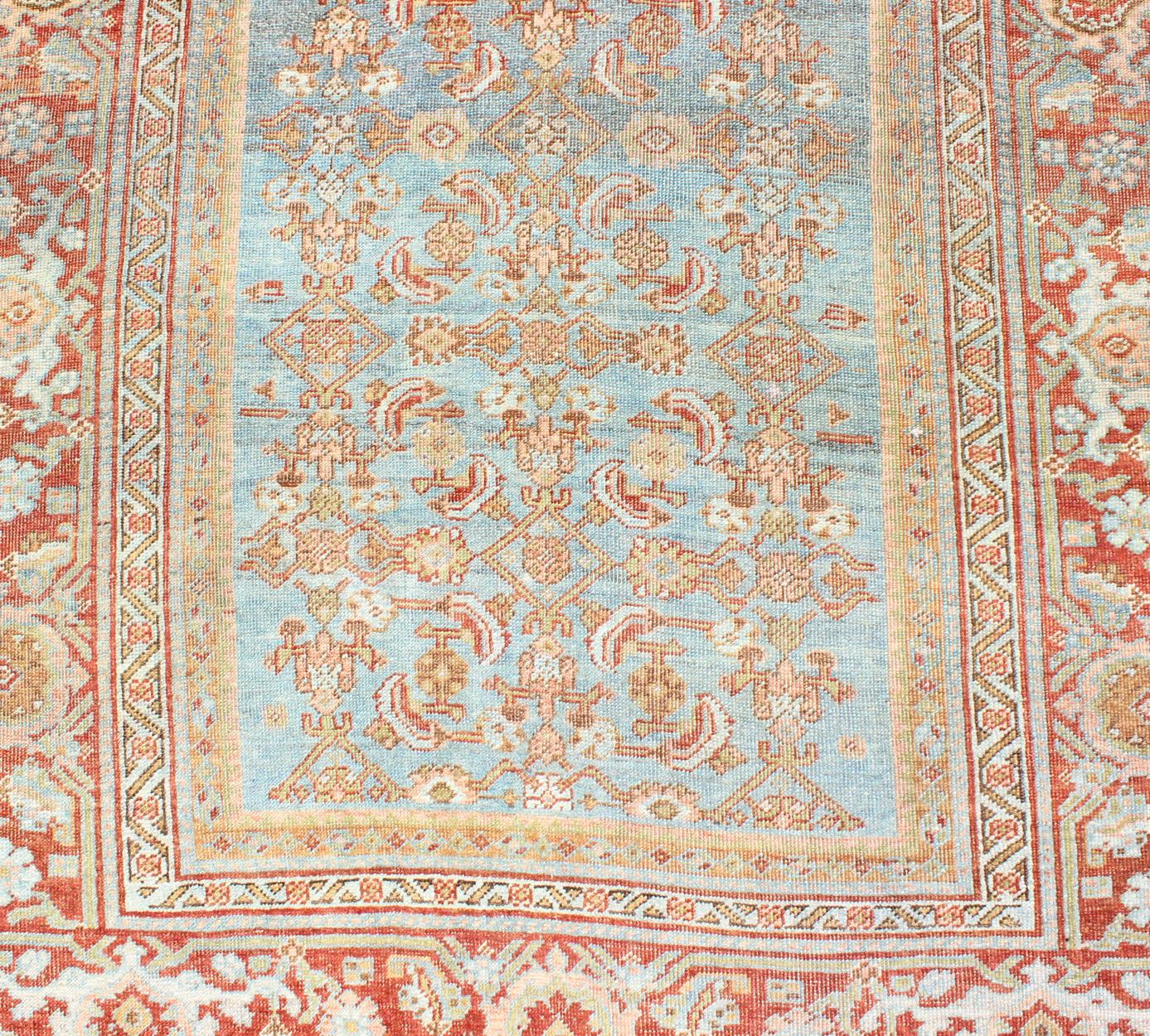 Early 20th Century Antique Persian Bidjar Rug with Blossoming Floral Design in Light Blue and Red For Sale