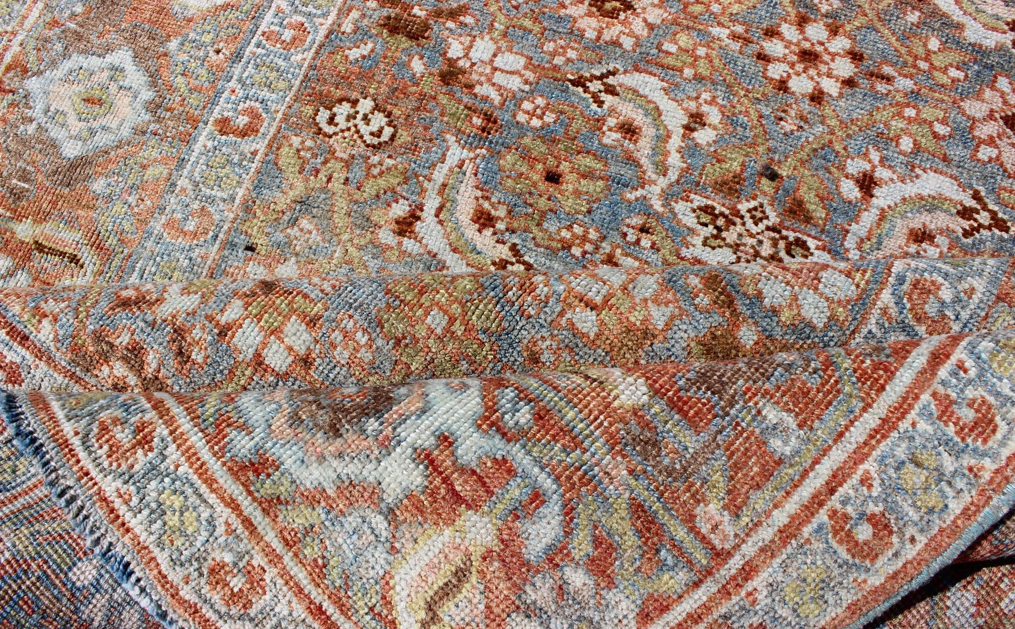 20th Century Antique Persian Bidjar Rug with Blossoming Floral Design in Light Blue and Red For Sale