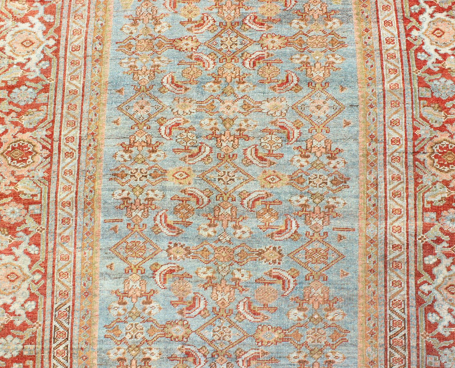 Wool Antique Persian Bidjar Rug with Blossoming Floral Design in Light Blue and Red For Sale