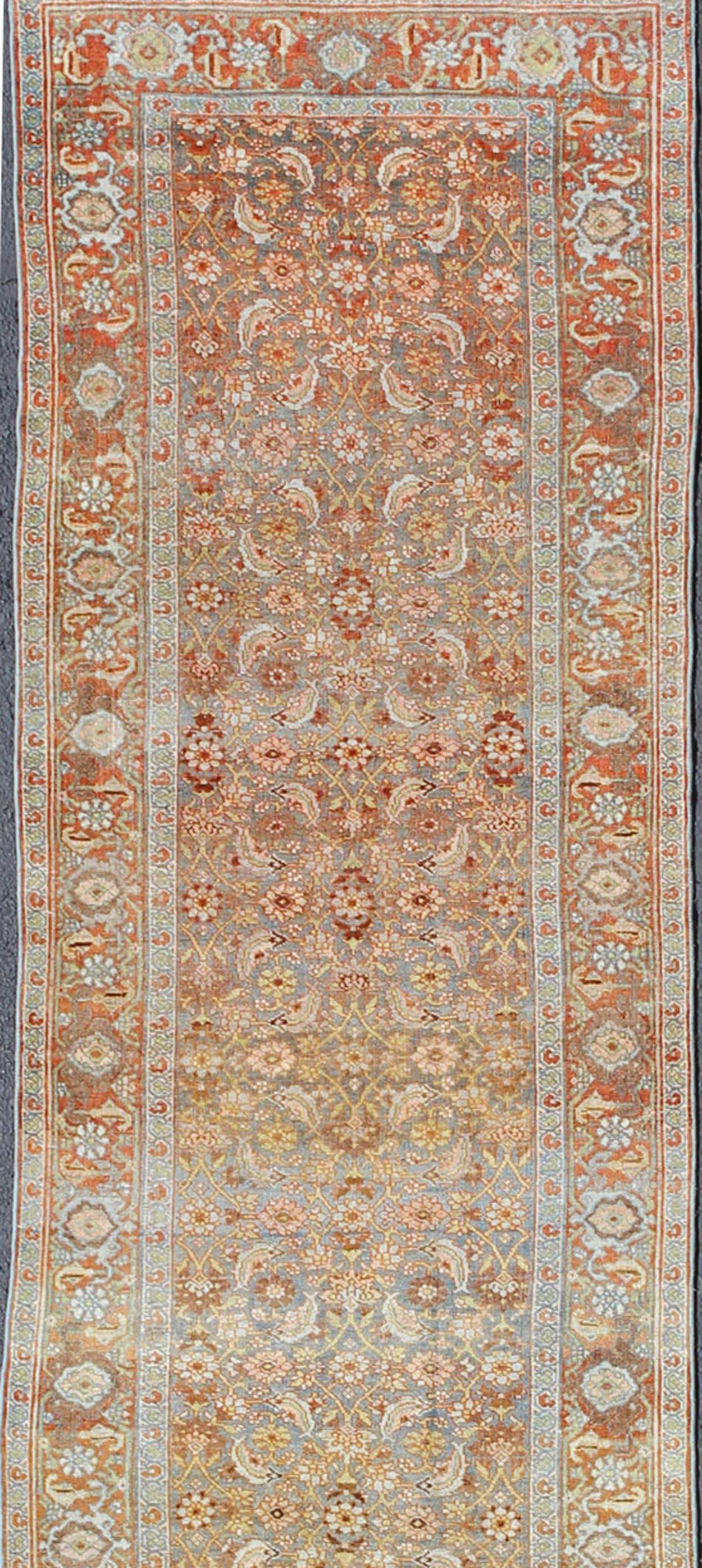 Wool Antique Persian Bidjar Rug with Blossoming Floral Design in Light Blue and Red For Sale