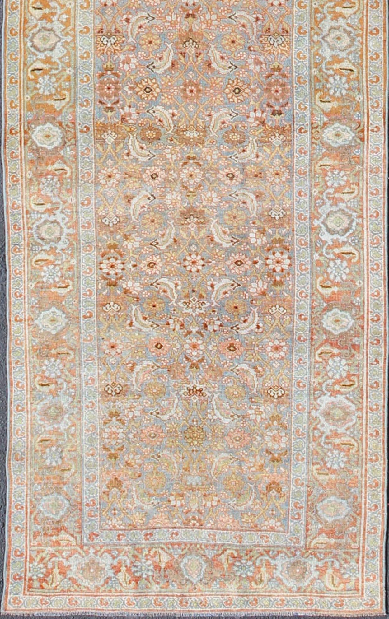 Antique Persian Bidjar Rug with Blossoming Floral Design in Light Blue and Red For Sale 2
