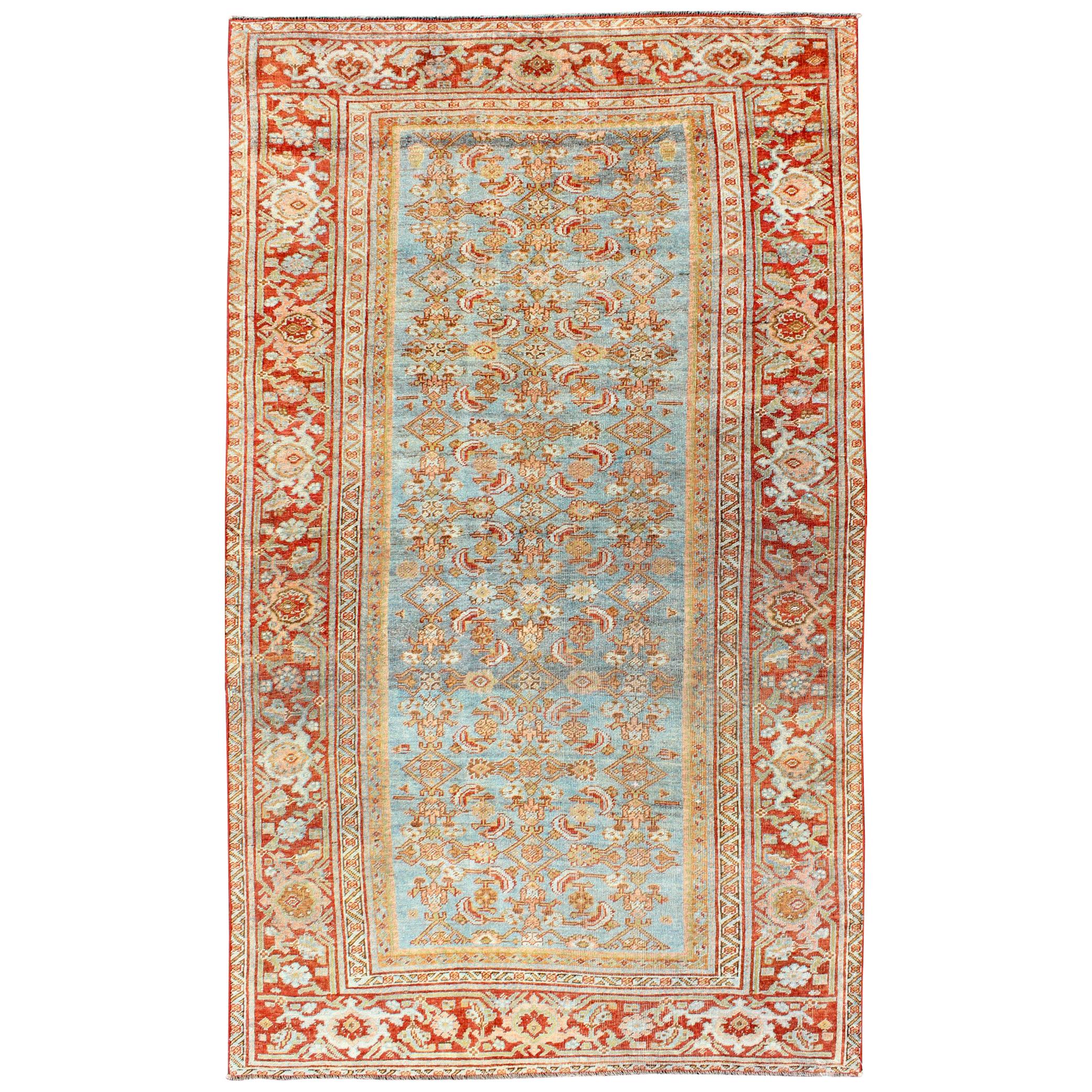 Antique Persian Bidjar Rug with Blossoming Floral Design in Light Blue and Red