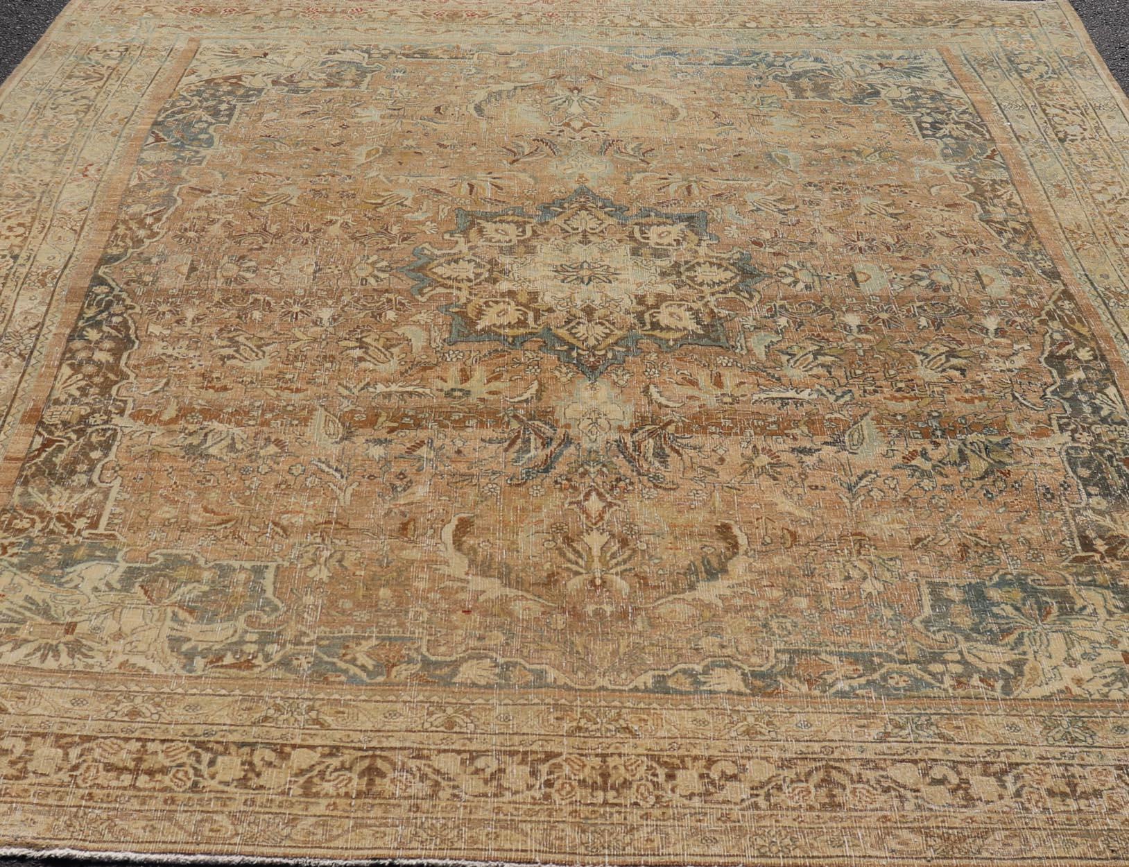 Measures: 8'9 x 11'5 
Antique Persian Bidjar Rug With Floral Medallion and Muted Blue 8'9 x 11'5.
 Keivan Woven Arts / Rug / EN-14836 Country of origin / type: Iran / Bidjar 

magnificent Antique Persian Bidjar rug is a true testament to the