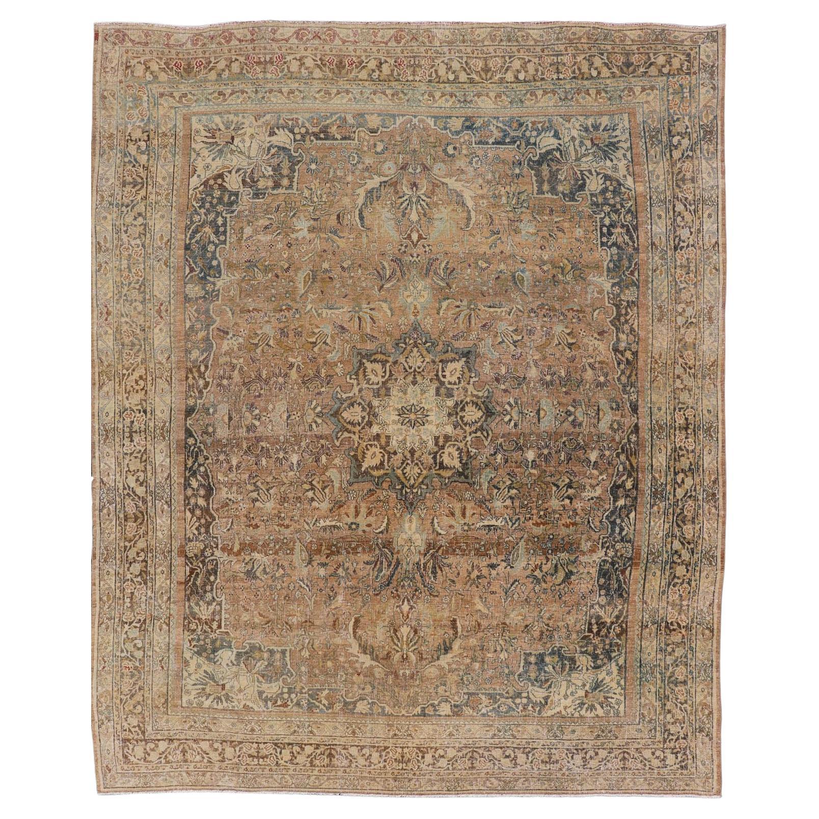 Antique Persian Bidjar Rug With Floral Medallion and Muted Blue 8'9 x 11'5