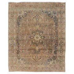 Antique Persian Bidjar Rug With Floral Medallion and Muted Blue 8'9 x 11'5
